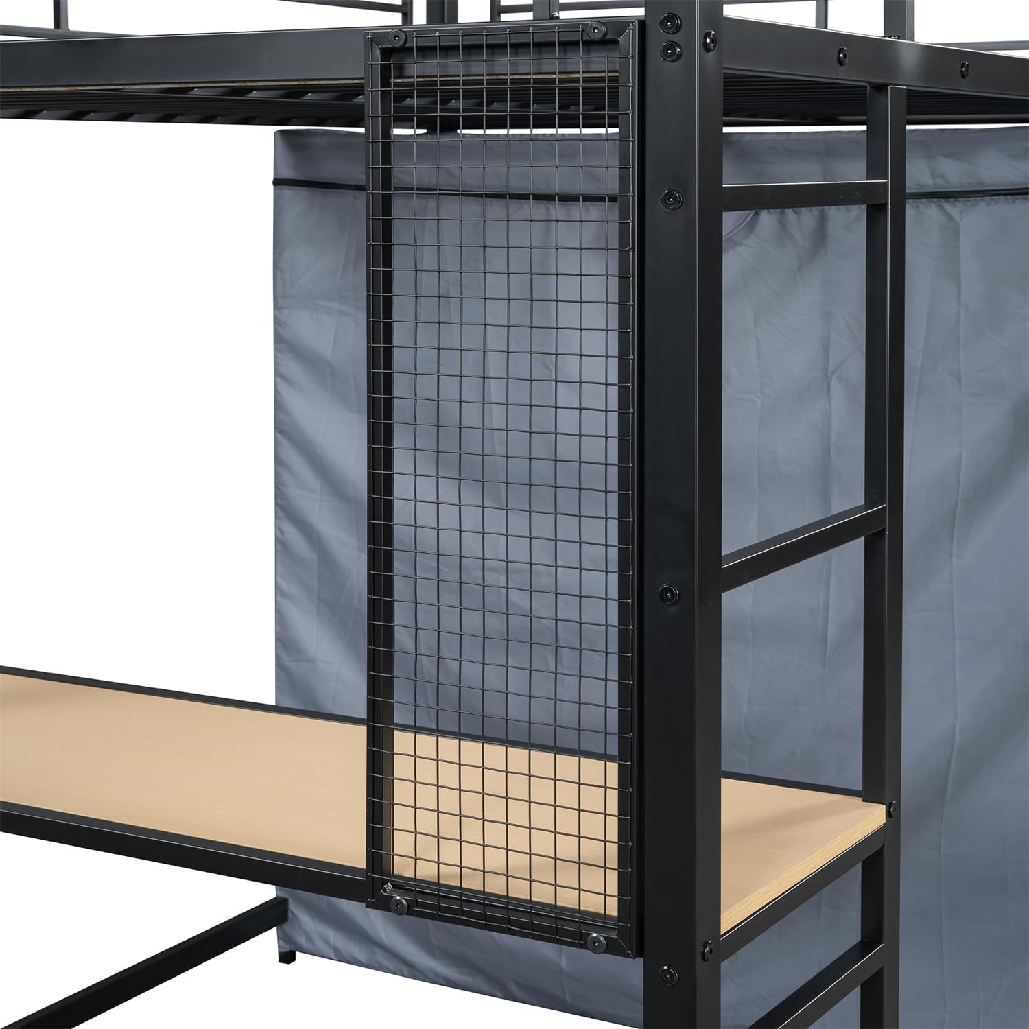 Close-up of the integrated desk and mesh shelves on the Polibi Loft Bed