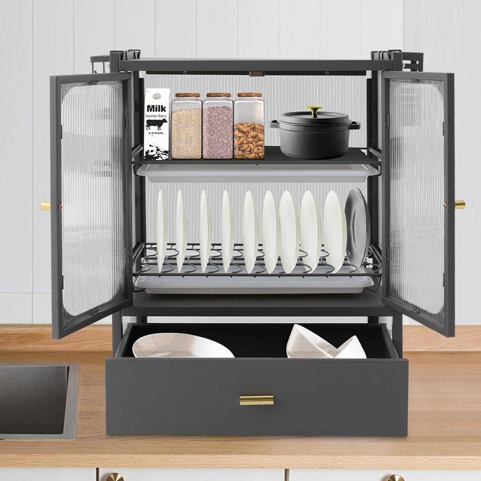 Escurridor de platos de cocina con cajón, bandeja de drenaje desmontable, paneles de policarbonato para mostrador de armario y elegante organizador de secado de platos para uso doméstico y restaurante