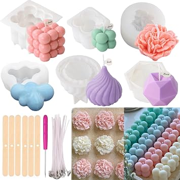 3D Complete Candle Making Kit with 6 Silicone Molds & Tools - Bubble, Peony, Geometric Shapes DIY Scented Candle Supplies for Crafts & Decor Candle Making Kit