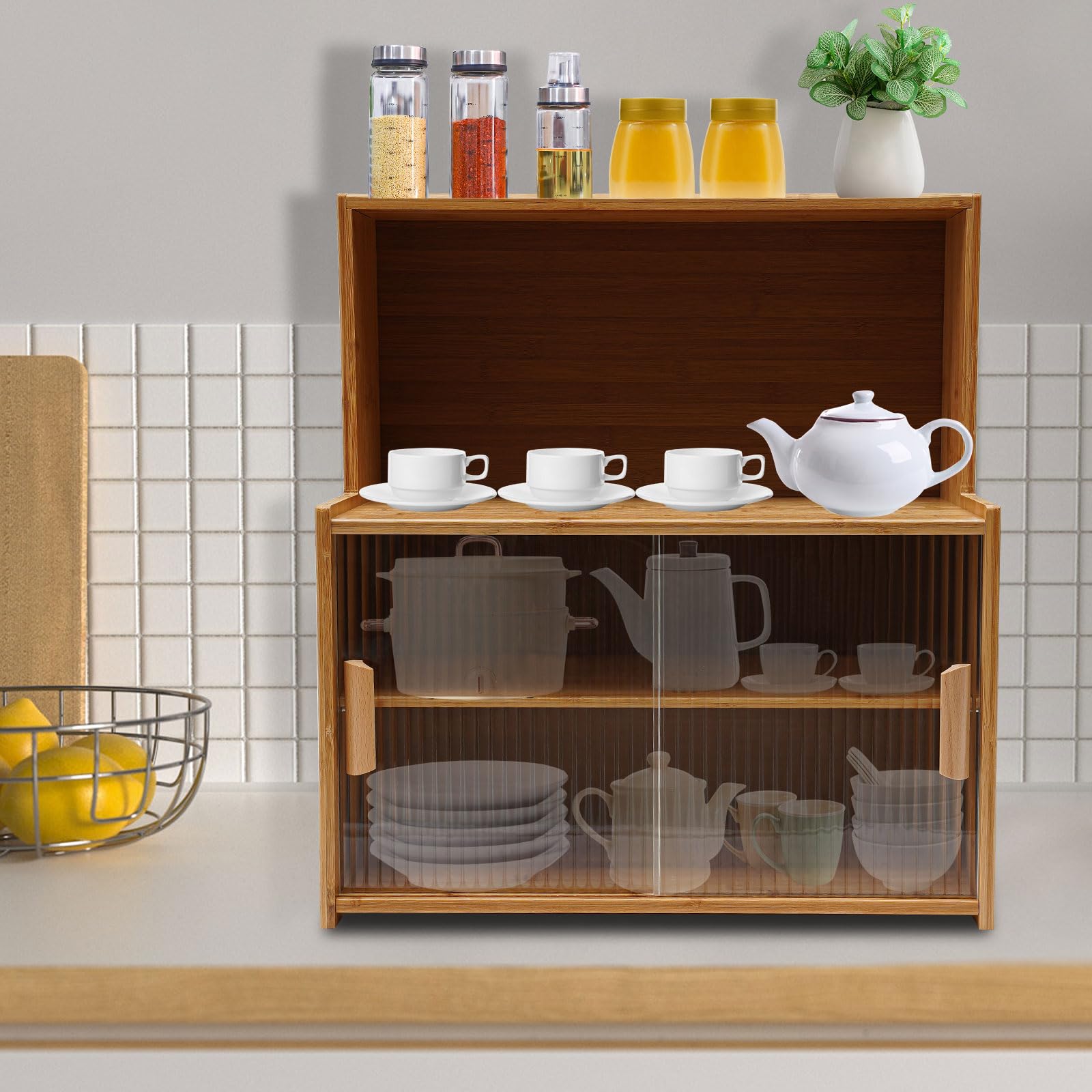 Petit buffet de cuisine en bambou pour plan de travail, armoire avec portes coulissantes, étagères réglables pour pots à épices et ustensiles de cuisine, tasses
