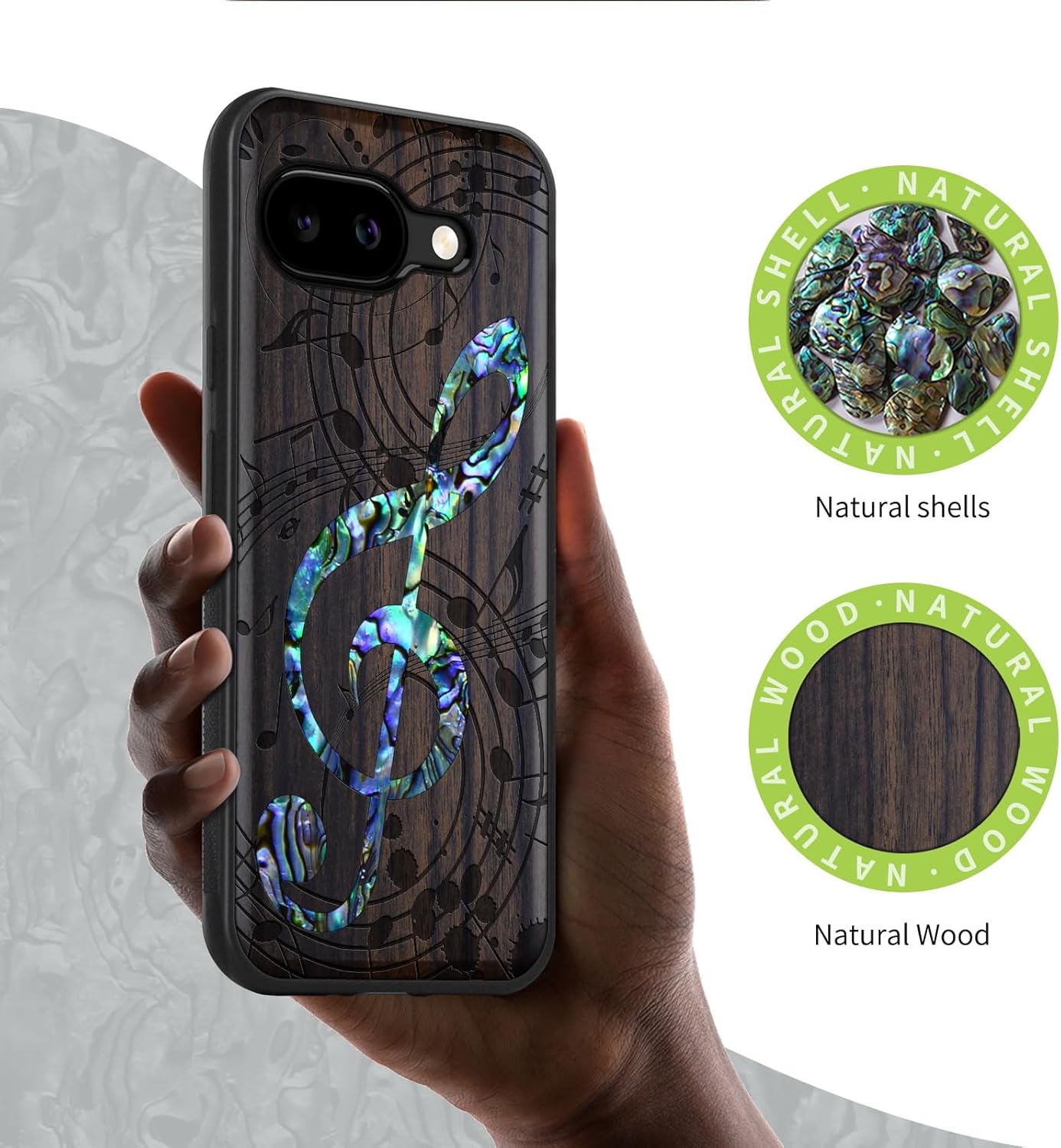 Carveit Magnetic Wooden Case for Google Pixel 9a Case, Wood Artisan Engraved & Handmade Shell Inlaid, Compatible with MagSafe Wireless Chargers (Musical Note) Blackwood