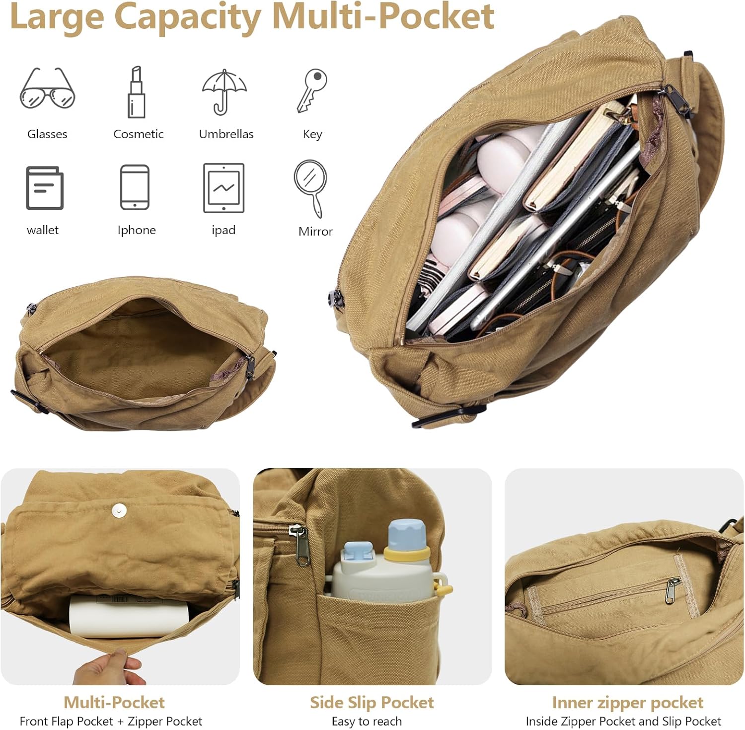 Canvas Messenger Bag for Women Men Crossbody Tote Bag with Multiple Pockets Vintage Satchel - Image 4