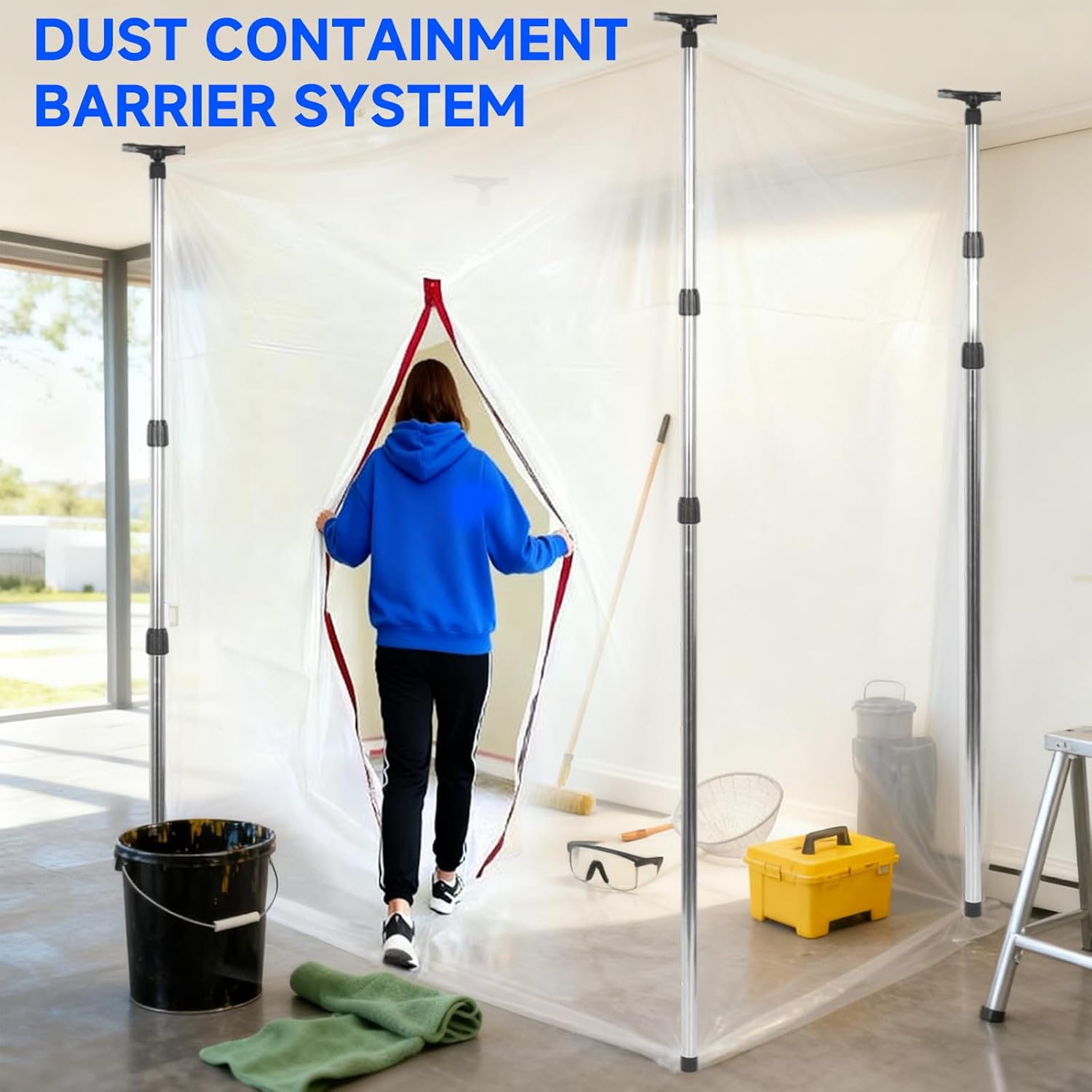 10FT Dust Barrier Poles Kit 4 Pack with 2 Zippers & Carry Bag, Stainless Steel Extendable Zipper Wall Poles for Dust Containment Barriers System, for Construction Renovation and Isolation Work