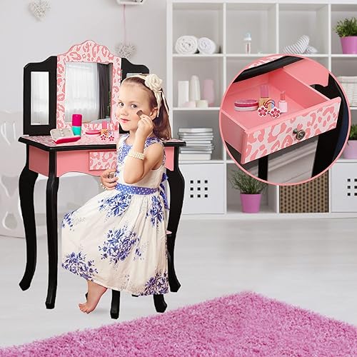 Miniatura 4 de BELANITAS Juego de mesa y silla para niños, juego de tocador para niños con espejo plegable y taburete, juego de tocador de maquillaje y taburete