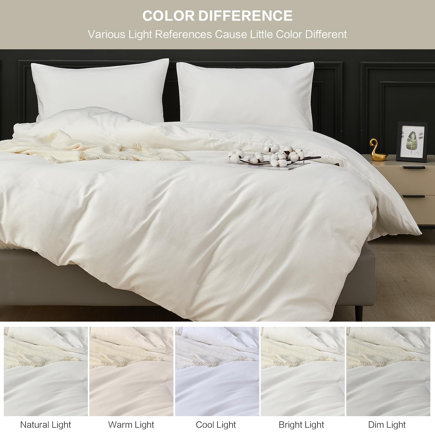 SAPHREAS Set copripiumino bianco avorio 100% cotone matrimoniale 3 pezzi stile semplice tinta unita morbido set copripiumino 1 copripiumino con cerniera 2 federe, piumino non incluso