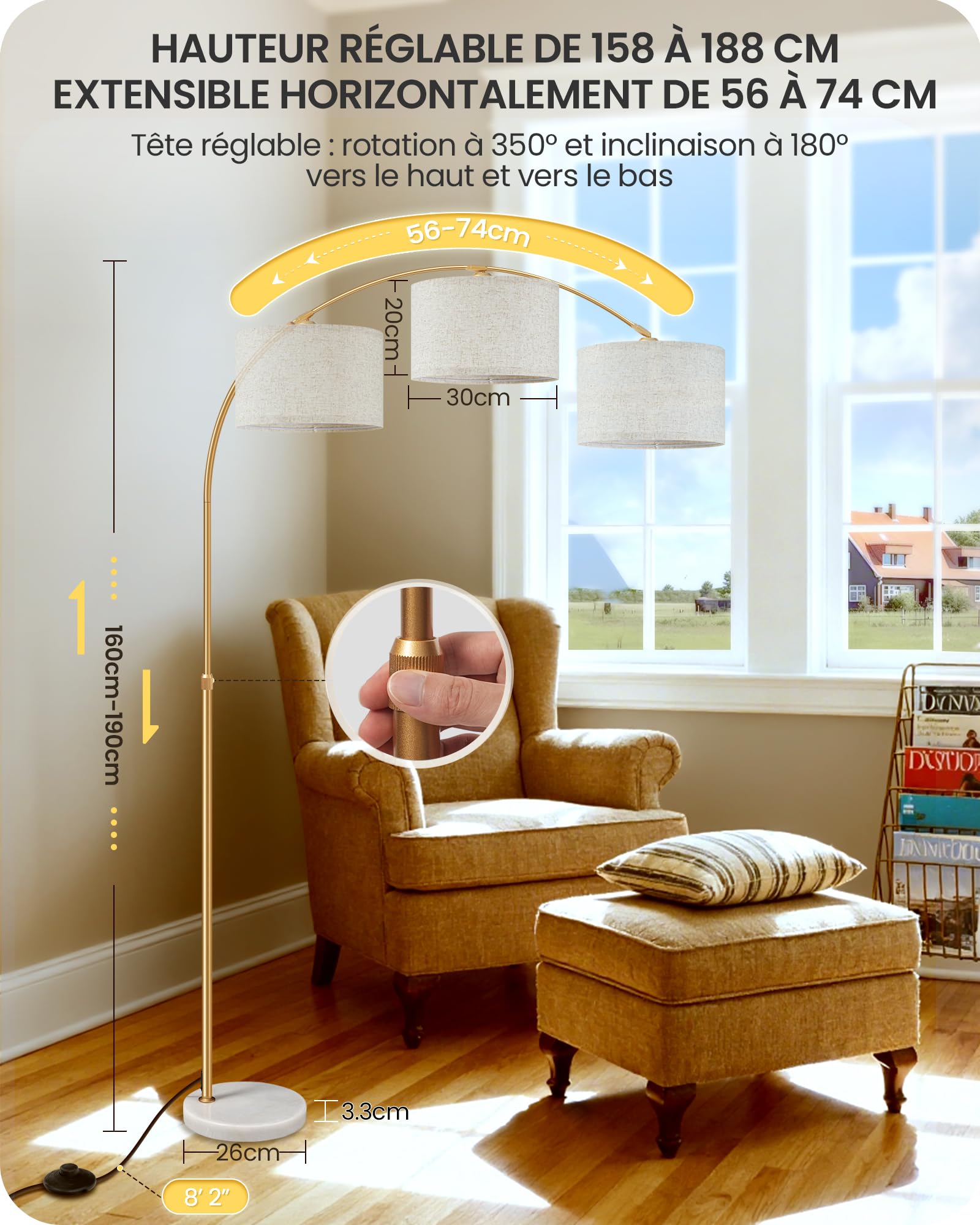 Lampadaire sur pied de salon arc, or beige, pour chambre | lampe arquée réglable en hauteur de 158 à 188 cm, Socle en marbre stable, à intensité variable avec télécommande, ampoule