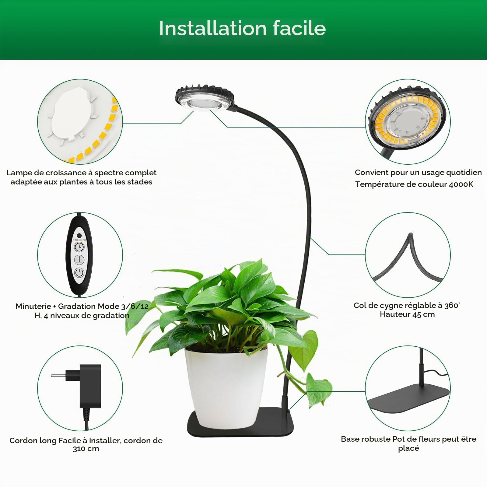 SANSI Lampe de croissance 12W pour plantes d'intérieur, spectre complet, intensité variable, idéale pour les pots de bureau, les plantes grasses et le jardinage d'intérieur, minuterie 3/6/12h