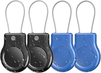Waterproof Keychain Holder for Airtag Gen 1 & 2, 4 Pack Shockproof Lock Case with Wire Cable for Apple Air Tag, Ultra Durable Anti-Lost Case with Keyring for Luggage, Backpack, Pet Black/Blue