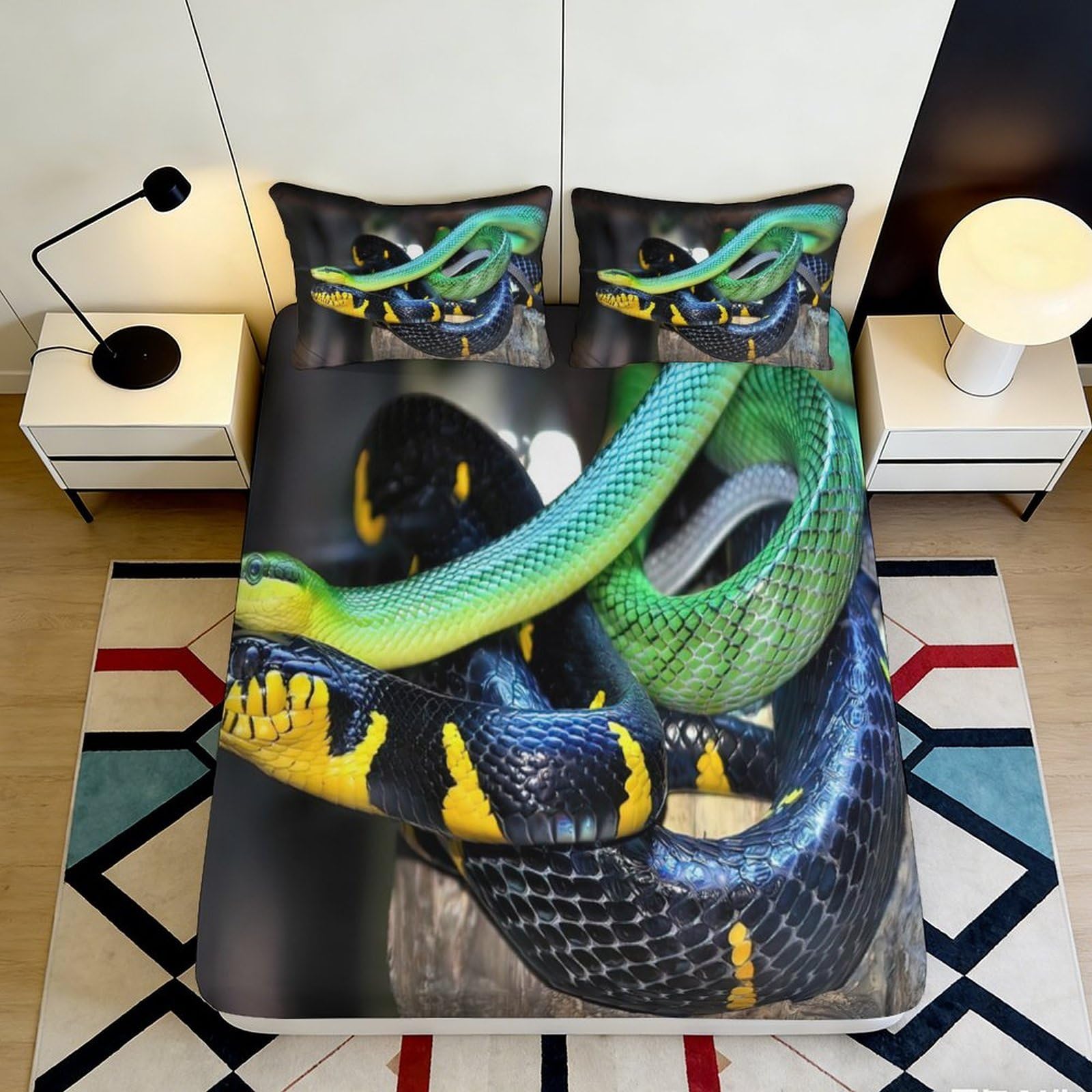 3D Printed Snake Pattern Fitted Sheet Microfiber Soft Breathable Green Yellow Black Reptile Bed Cover for Bedroom Dorm Mattress Protection Decor 180x200x25cm