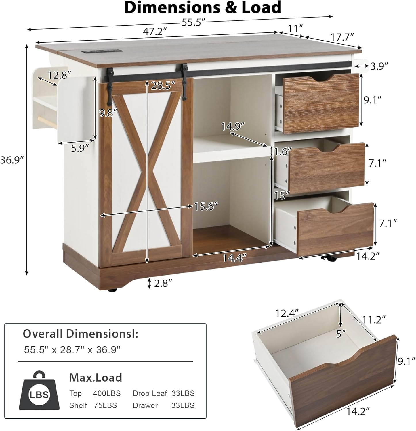 Polibi 55.5" Farmhouse Kitchen Island on Wheels with Power Outlet, Drop Leaf, Sliding Barn Door & Spice Rack,3 Large Drawers and 3 Shelves - Ample Storage (White)