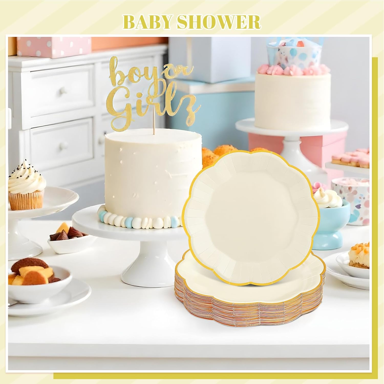 30 Pcs Cream Paper Plates, 9 Inch Ivory Paper Plates with Gold Trim Scalloped White and Gold New Years Plate for New Year, Baby Shower, Wedding - Image 7