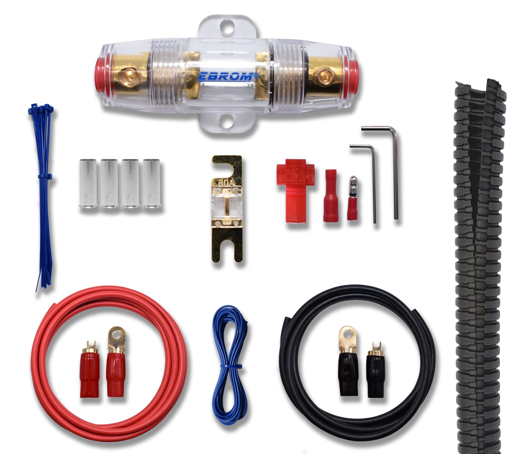 EBROM Cable de batería de cobre completo para coche, 10 mm2, 16 mm2, 25 mm2, 35 mm2, 50 mm², cable de masa, portafusibles AFS o ANL + fusible, terminales de anillo + horquilla + tubo vacío de 1 metro