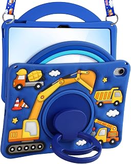 Wazzasoft for iPad A16 Case 2025 11 inch/for iPad 10th Generation Case 2022 10.9" - Cute 3D Silicone Cover with Adjustable Shoulder Strap, Rotating Stand & Handle for Kids Boys, Construction Truck