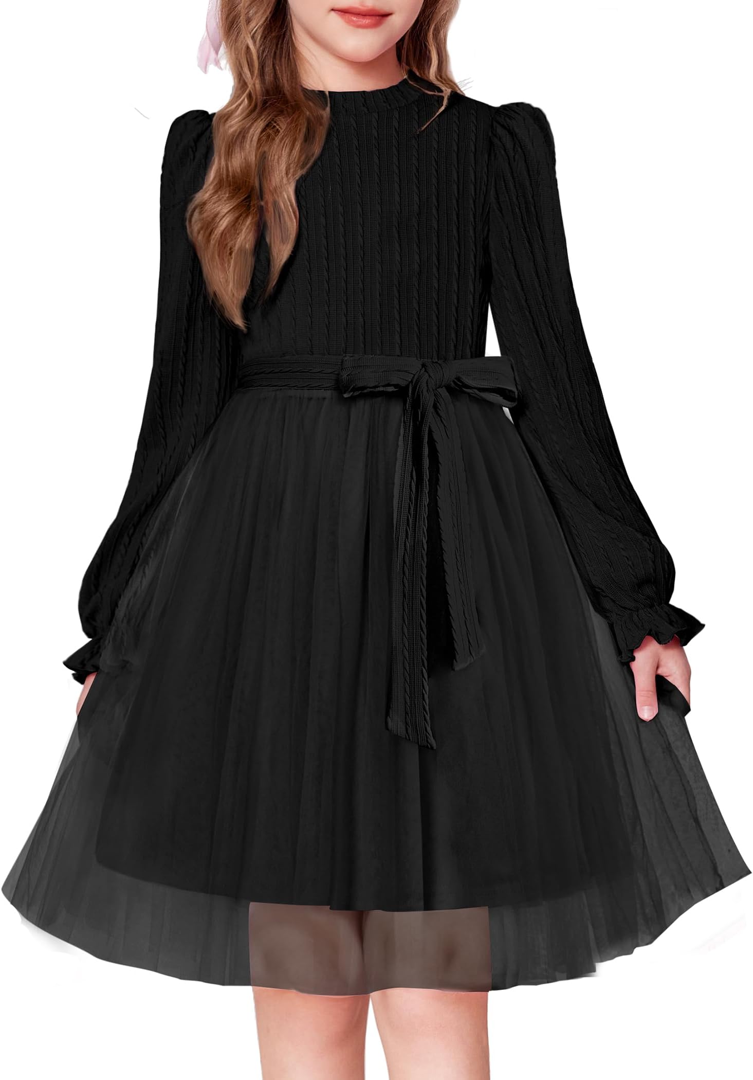 Girls Dress Puff Sleeve Tulle Party Dresses Kids Thick Festive Dresses A-Line Leisure Autumn Winter Children Dress Round Neck Children's Clothing with Belt 6-13 Years