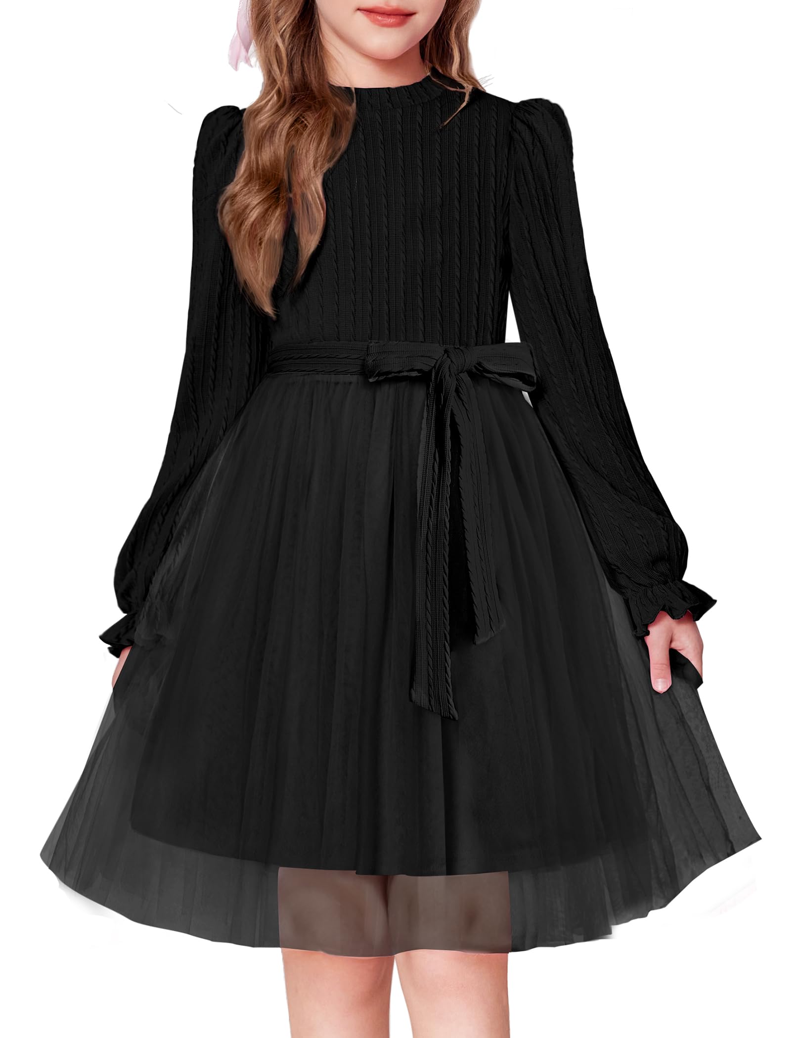 Girls Dress Puff Sleeve Tulle Party Dresses Kids Thick Festive Dresses A-Line Leisure Autumn Winter Children Dress Round Neck Children's Clothing with Belt 6-13 Years