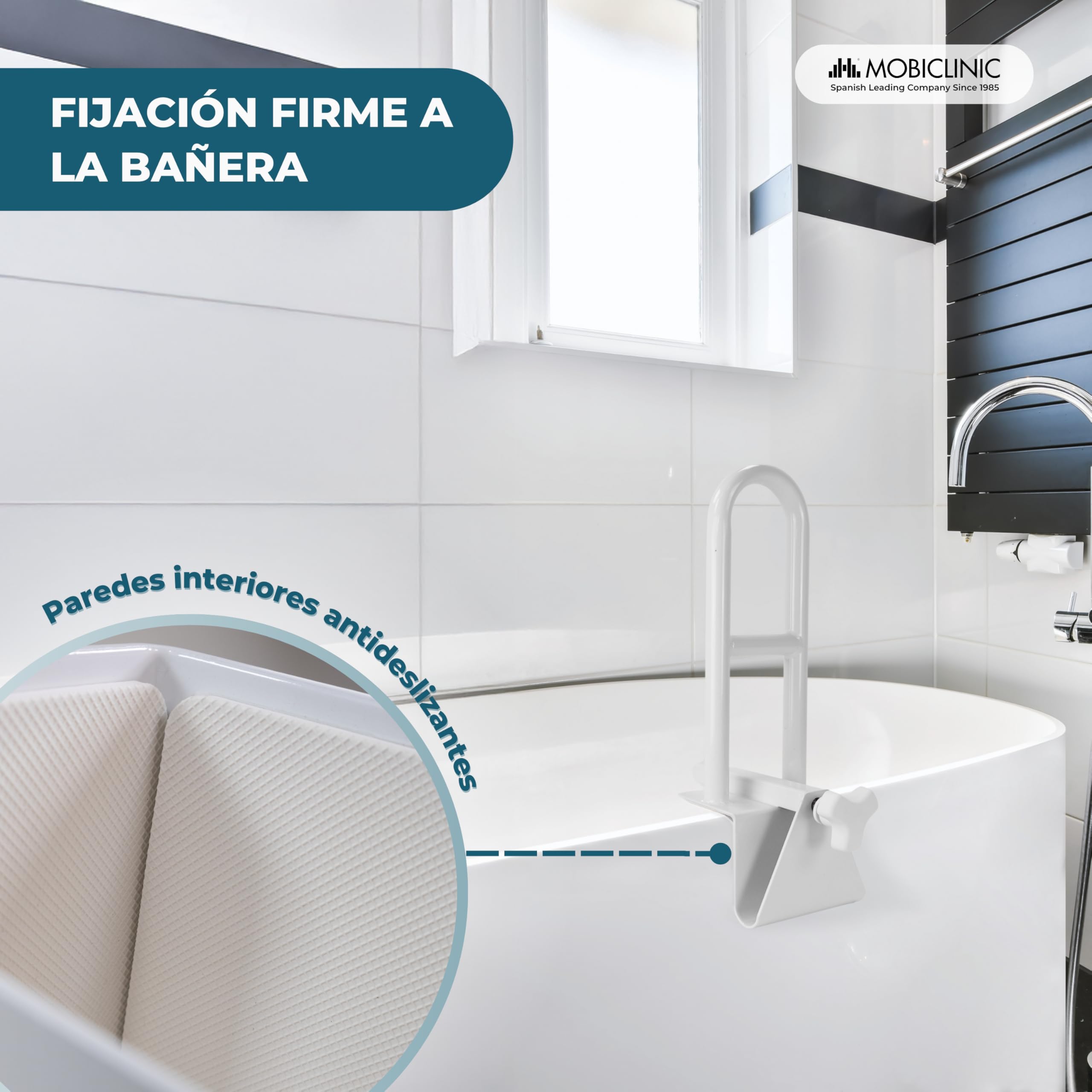 Mobiclinic®, Asa para Bañera Regulable, Bañeras Borde Liso (4.5-13.5 cm), Asidero Ergonómico, Máx. 100 Kg, Uso Clínico y Doméstico, Seguro y Funcional, Acero Blanco, Mobibary