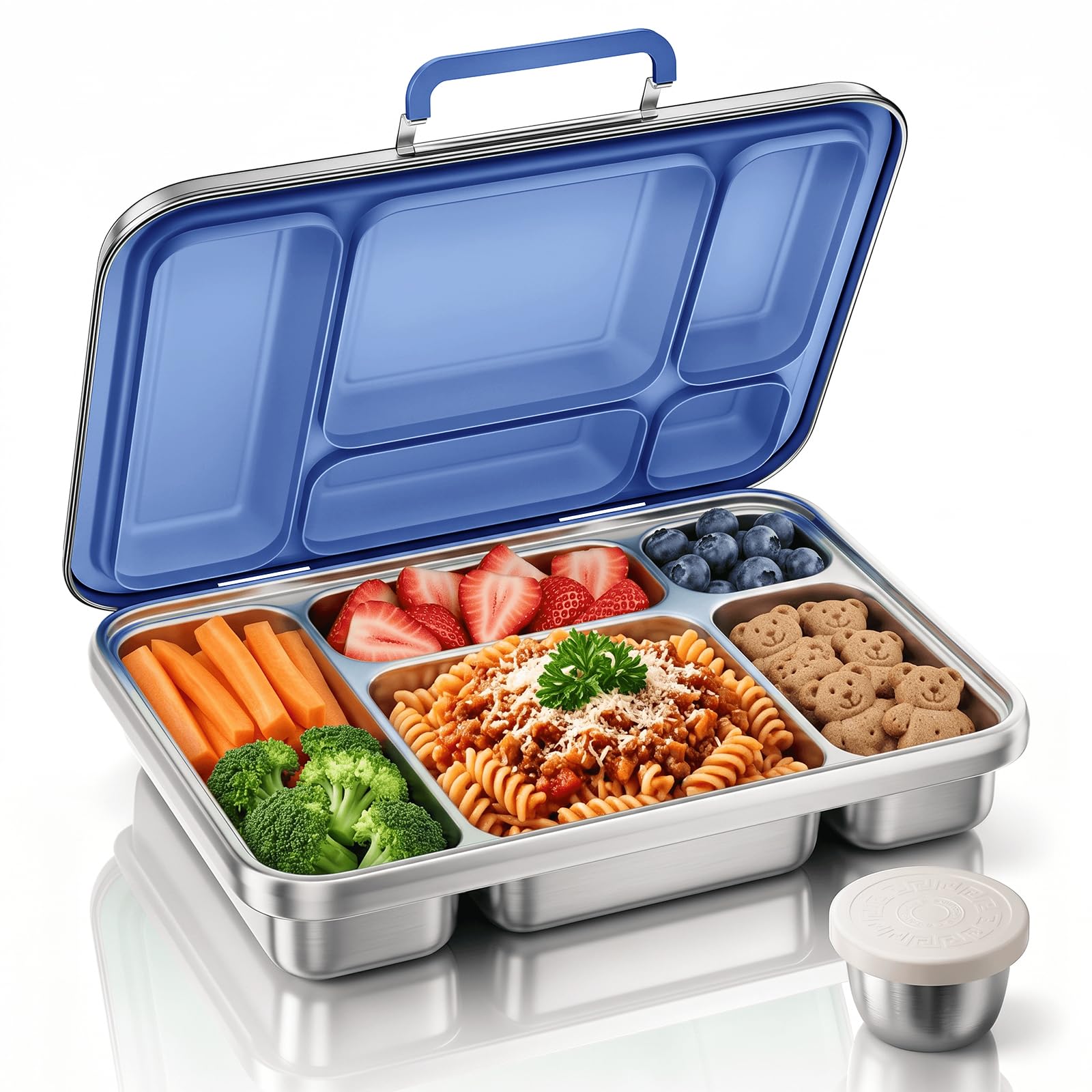 G.a HOMEFAVOR Boîte Bento en Acier Inoxydable 1100ml pour enfants 5 Compartiments Boîte Lunch avec Boîte à Sauce Boite pour Le Déjeuner Alimentaires Bento Box étanches, Bleu Foncé