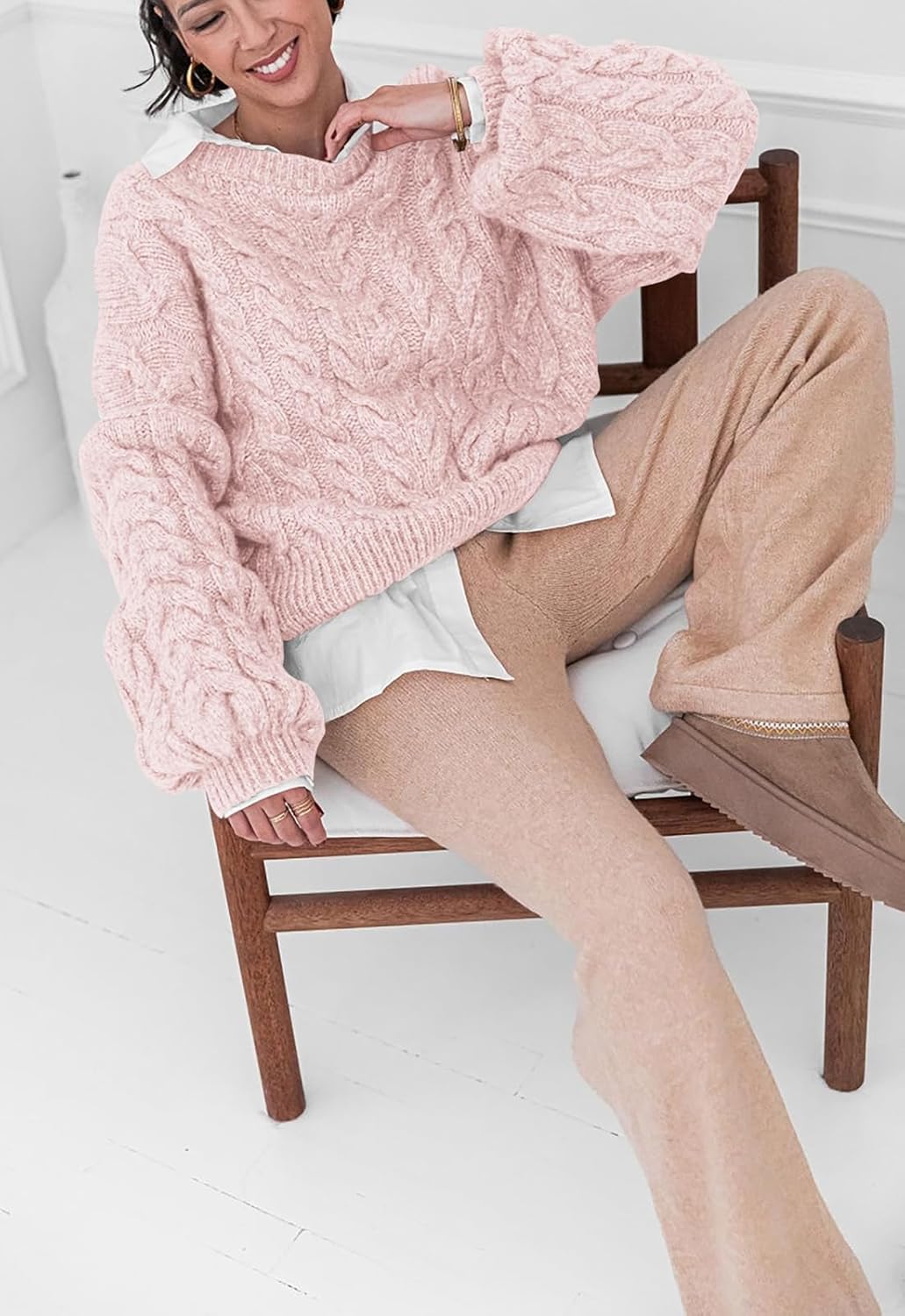 PRETTYGARDEN Womens Sweaters Spring 2026 Cable Knit Long Sleeve Crewneck Oversized Sweater Chunky Pullover Loose Outfits - Image 5