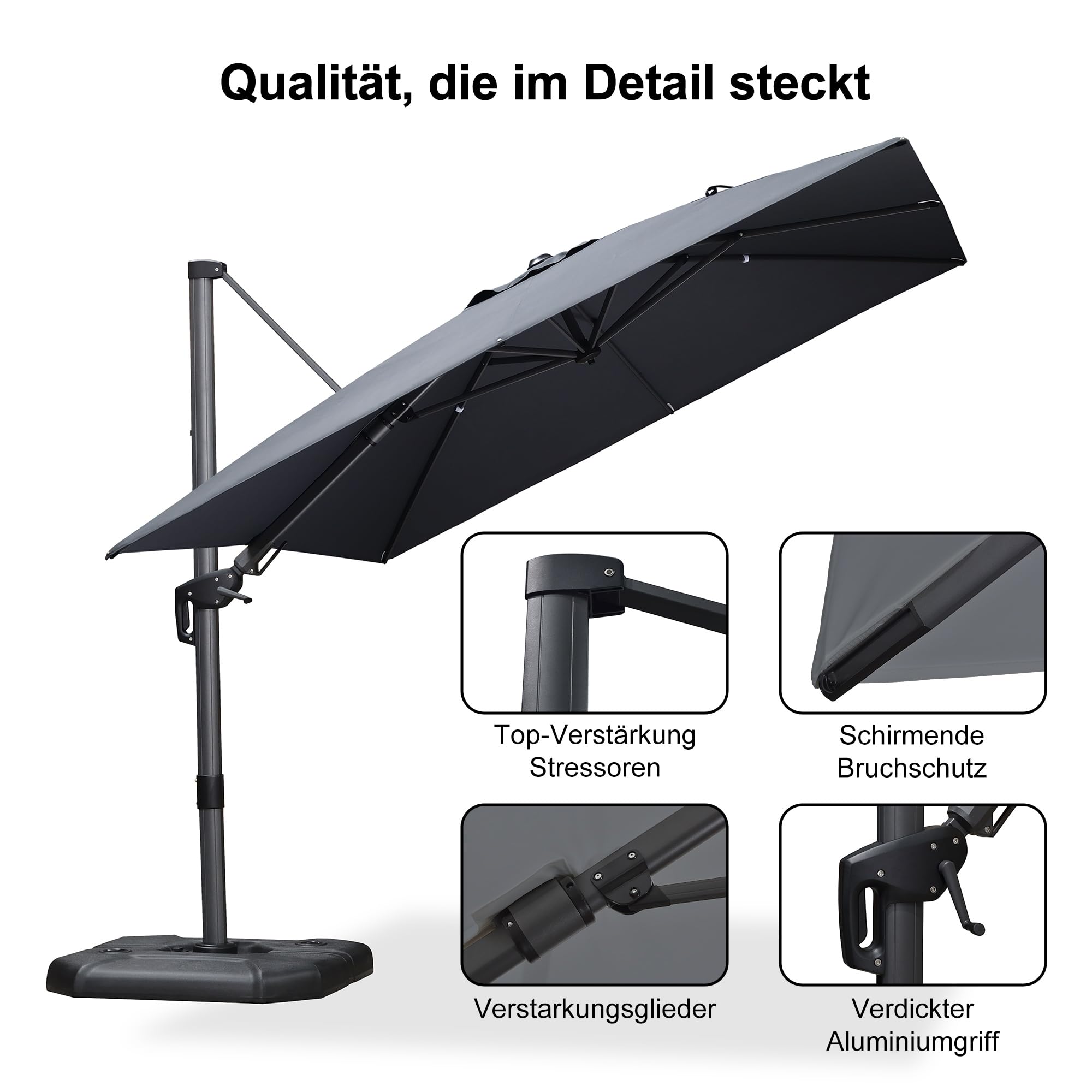 PURPLE LEAF Sonnenschirm Twist 360 × 270 cm Alu Mast 360° Rotation, Grau | Aluminiumguss-Griff, Beidseitig Axial Schwenken, Robuste 8-Streben-Konstruktion, 5-Fach Neigbar, XL-Schatten Ampelschirm
