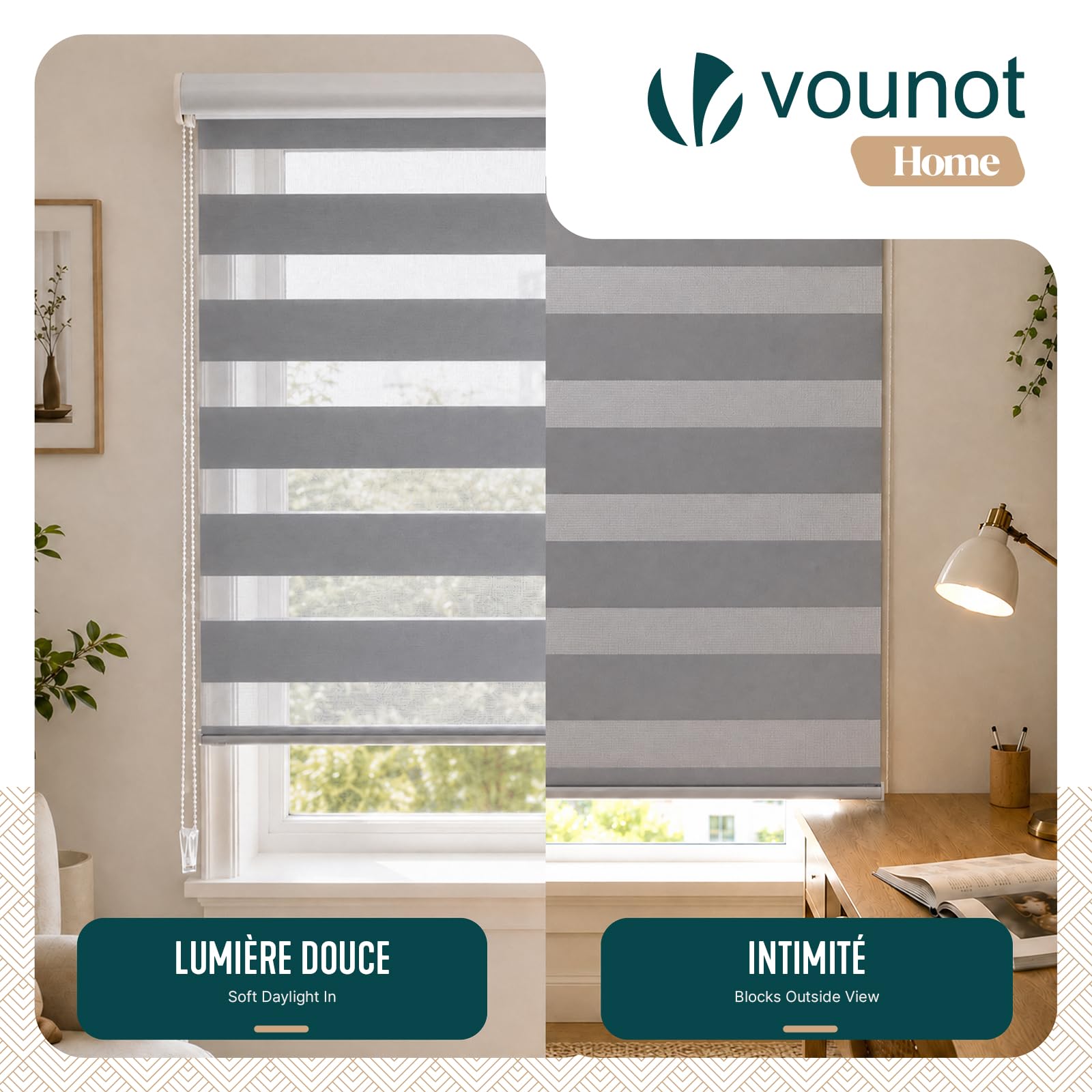 VOUNOT 2er Set Doppelrollo klemmfix ohne Bohren, Duo Rollo Klemmrollo für Fenster und Tür, lichtdurchlässig & verdunkelnd Fensterrollo, 90x150cm, Grau