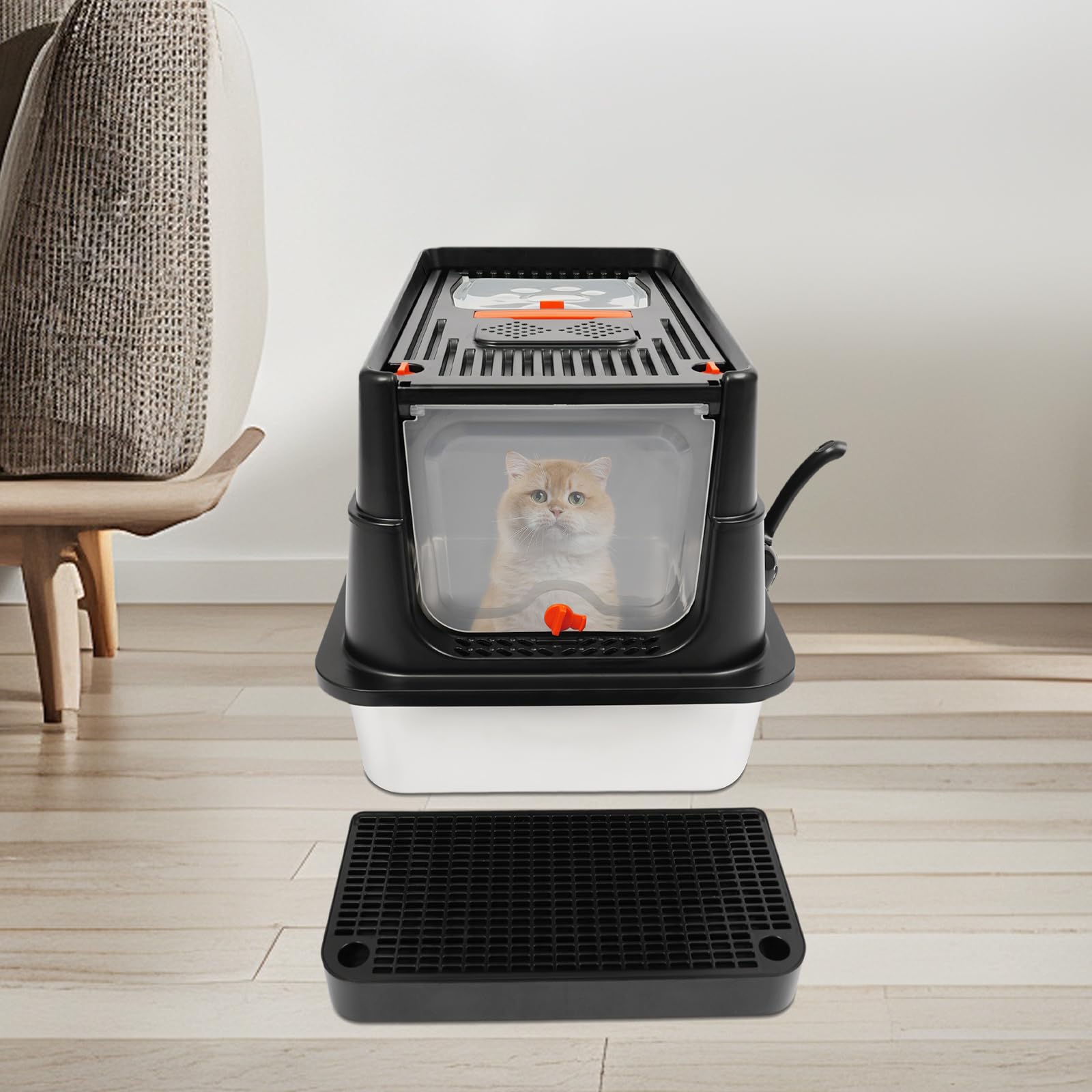 Caja de arena cerrada de acero inoxidable con tapa, caja de arena para gatos con pala, pedal de basura y almohadillas de agarre con apertura en forma de U, adecuado para gatos de hasta 15 kg (negro)