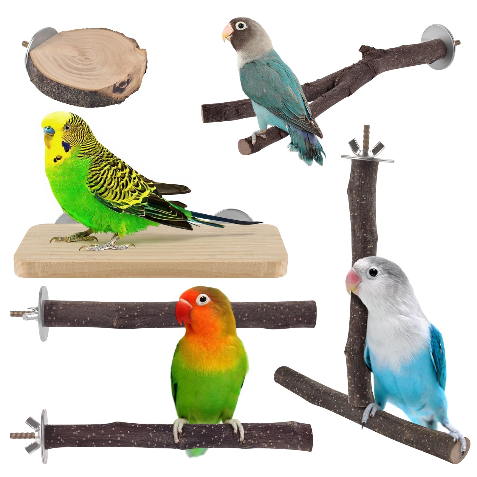 DBNESS Bird Perches, 6 Pcs Natural Wood Parrot Perch Stand Chew Toys, Hanging Multi-Branch Parrot Perch Platform Swing Toy Cage Accessories for Small Parakeets, Budgies, Lovebirds, Canaries, Finches