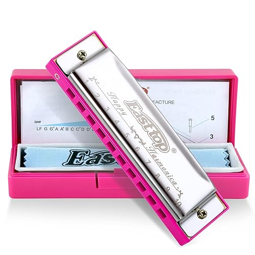 East top Blues Harmonica, Diatonic 10 Holes C Key Happy Harmonica Mouth Organ for Beginner,Kids,Children,Students,Gift,with Carrying Plastic Case,Clean Cloth and Manual - Pink Silver