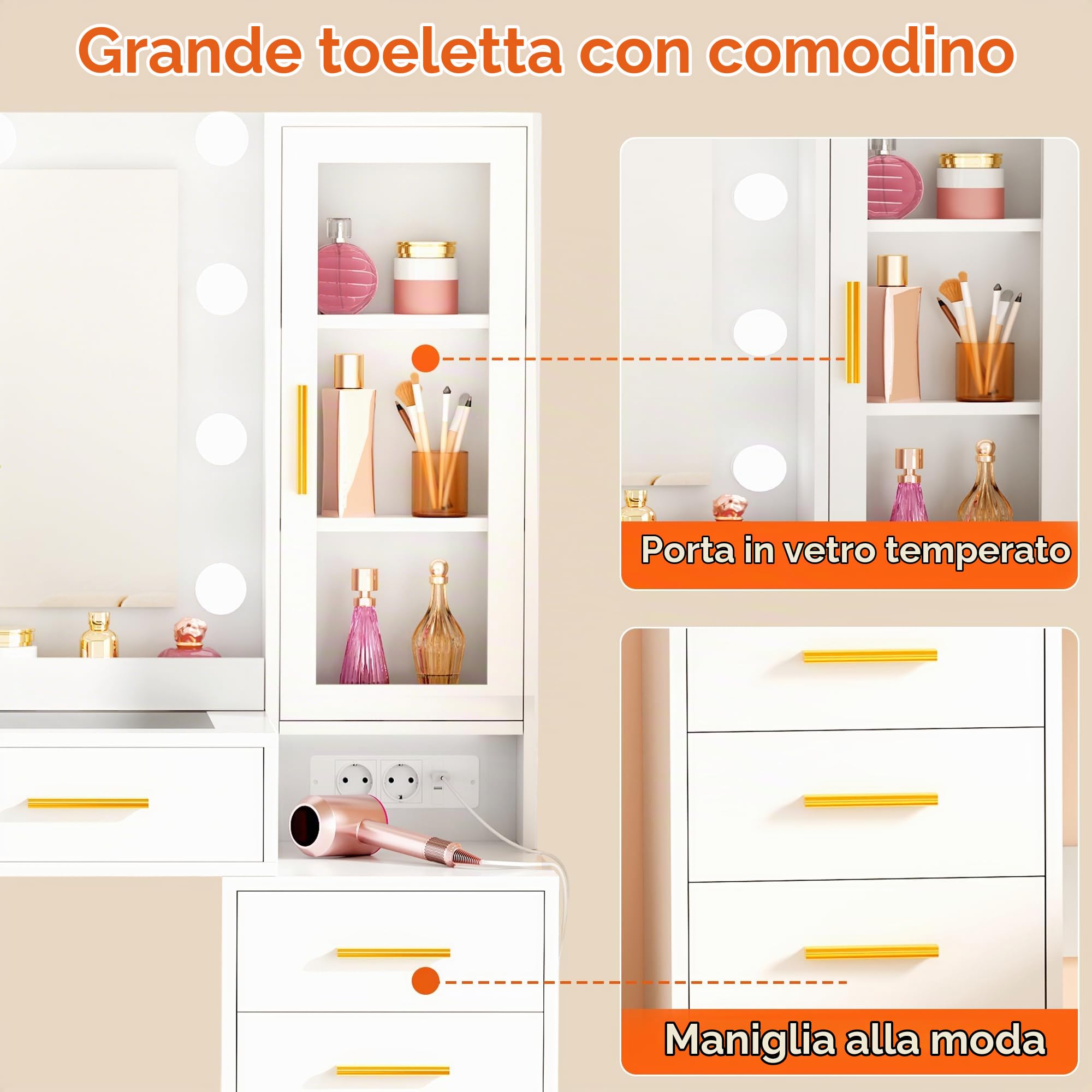 ANWBROAD 135cm Toeletta da Trucco con Piano in Vetro e Specchio e Luci LED | Grande Tavolo da Trucco con Grande Prese, Postazione Trucco con 11 Cassetti, 6 Ripiani, 2 Vassoi Moderna Bianca per Donna