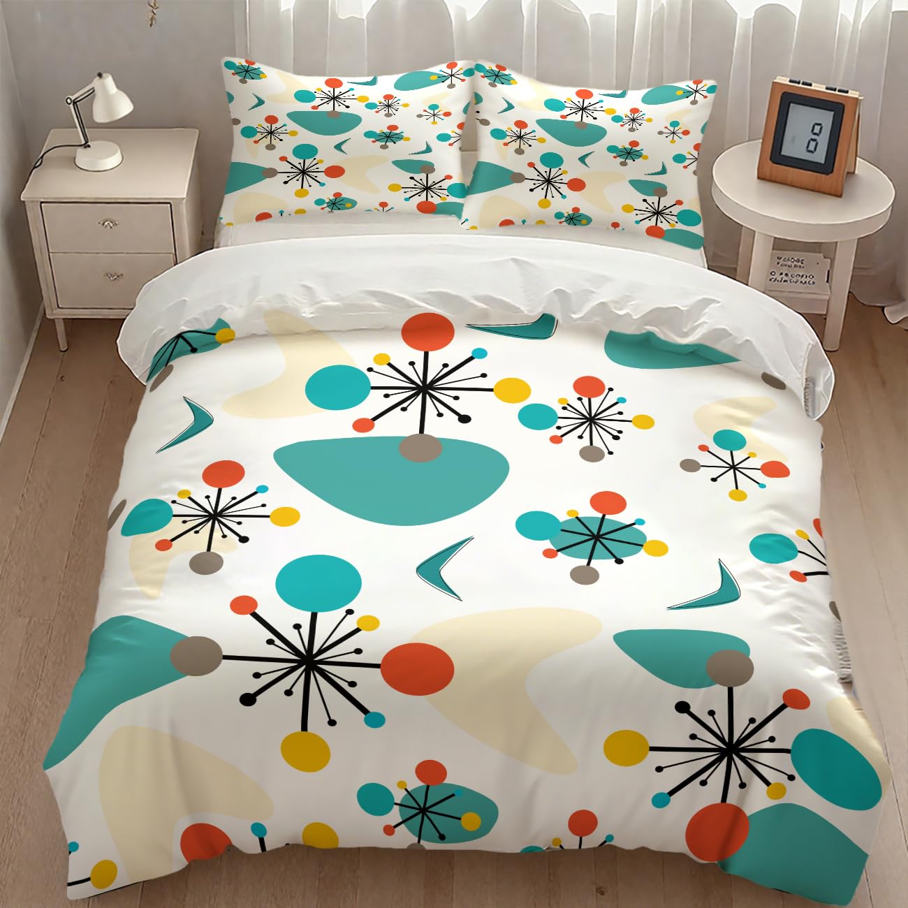 Mid Century Bedding Set,1950s 1960s Vintage Atomic Abstract Green Geometric Pattern Comforter Set with Pillowcase for Bedroom Bed Decor，Twin 86"x70"