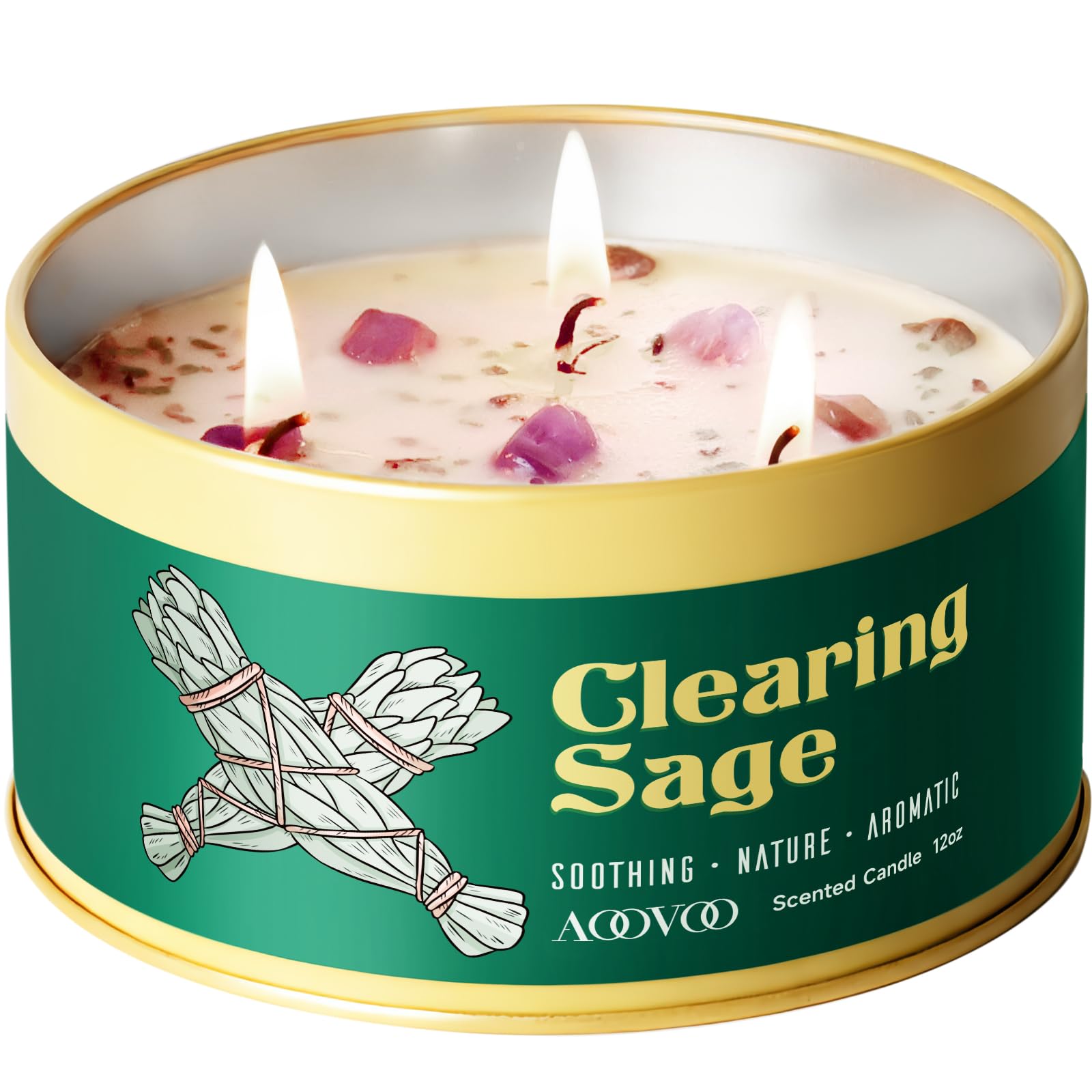 AOOVOO Sage Candle for Cleansing, 3 Wick 12oz Large Scented Candle with Crystals & Sage Leaves Inside, Soy Candles Non Toxic for Meditation Spiritual Gift, Aromatherapy Candle for Women Men