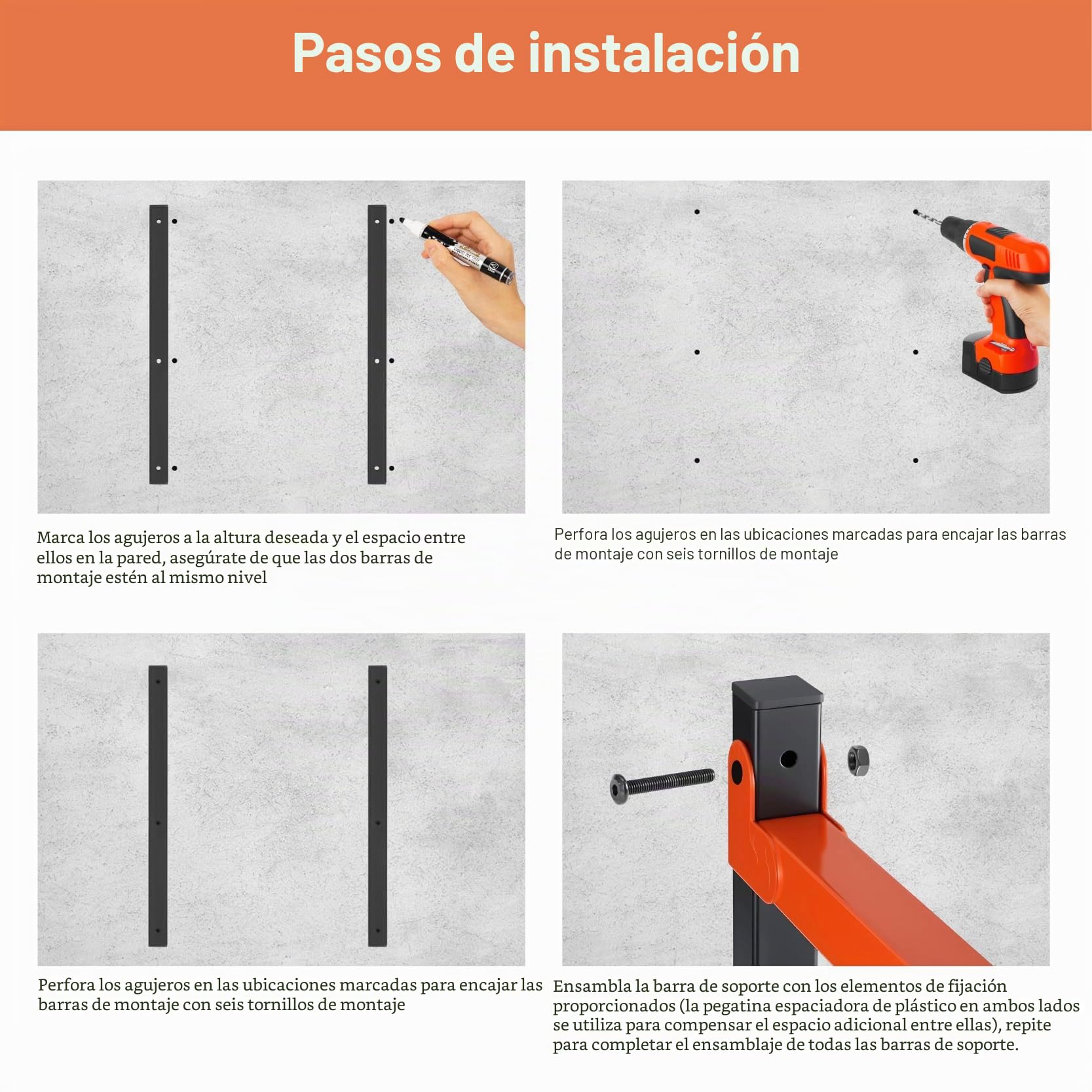 Estante para madera y organizador de madera para el garaje, montaje en pared, en madera resistente, estante de metal naranja para interiores y exteriores, paquete de 4