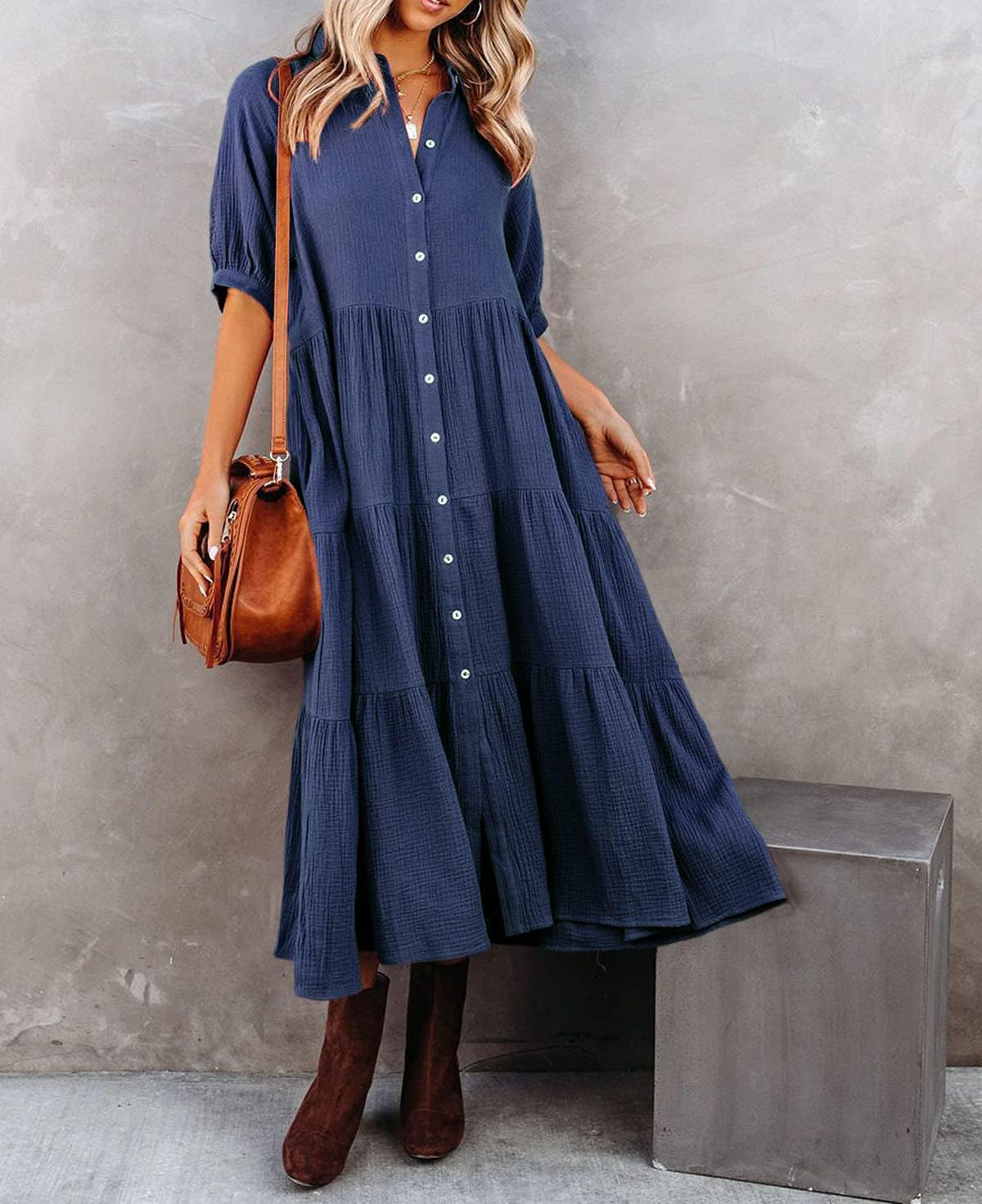 R.Vivimos Women's Summer Cotton Half Sleeves Button Down Casual Loose Slit Midi Dress with Pockets - Image 3