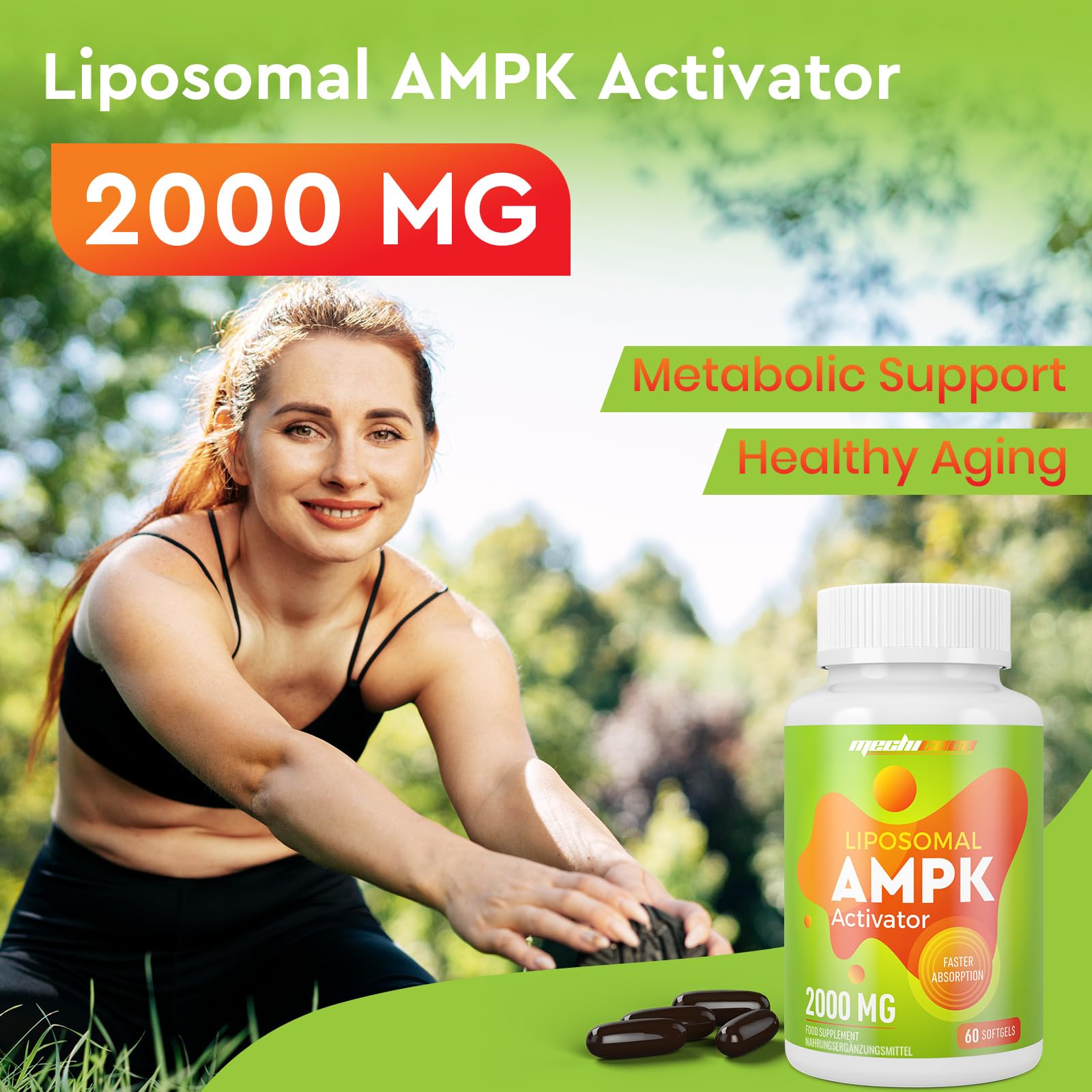 Capsules Liposomales Activateur AMPK 2000 mg, Formule 6-en-1 avec Berbérine HCL, Quercétine Dihydratée et Resvératrol, pour un Soutien Antioxydant, Sans Soja, Sans Gluten