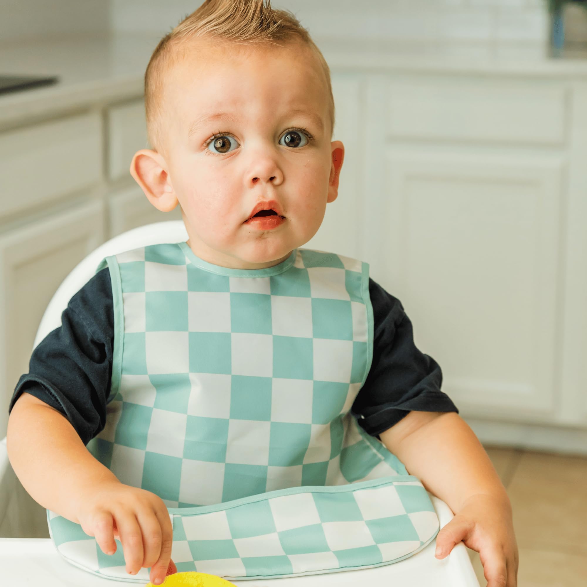 Tiny Twinkle Mess Proof Baby Bibs - Waterproof Baby-Led Weaning Apron, Green Plaid, Large 2-4 Years - Image 3