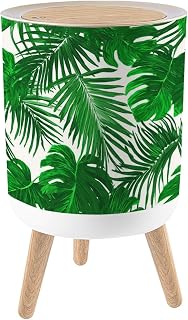 Trash Can with Lid Monstera Palm Leaves Tropical Seamless Exotic Summer Small Garbage Can with Legs Waste Bin Press-Top Lid Wastebasket for Kitchen Bathroom Living Room 7L/1.8 Gallon