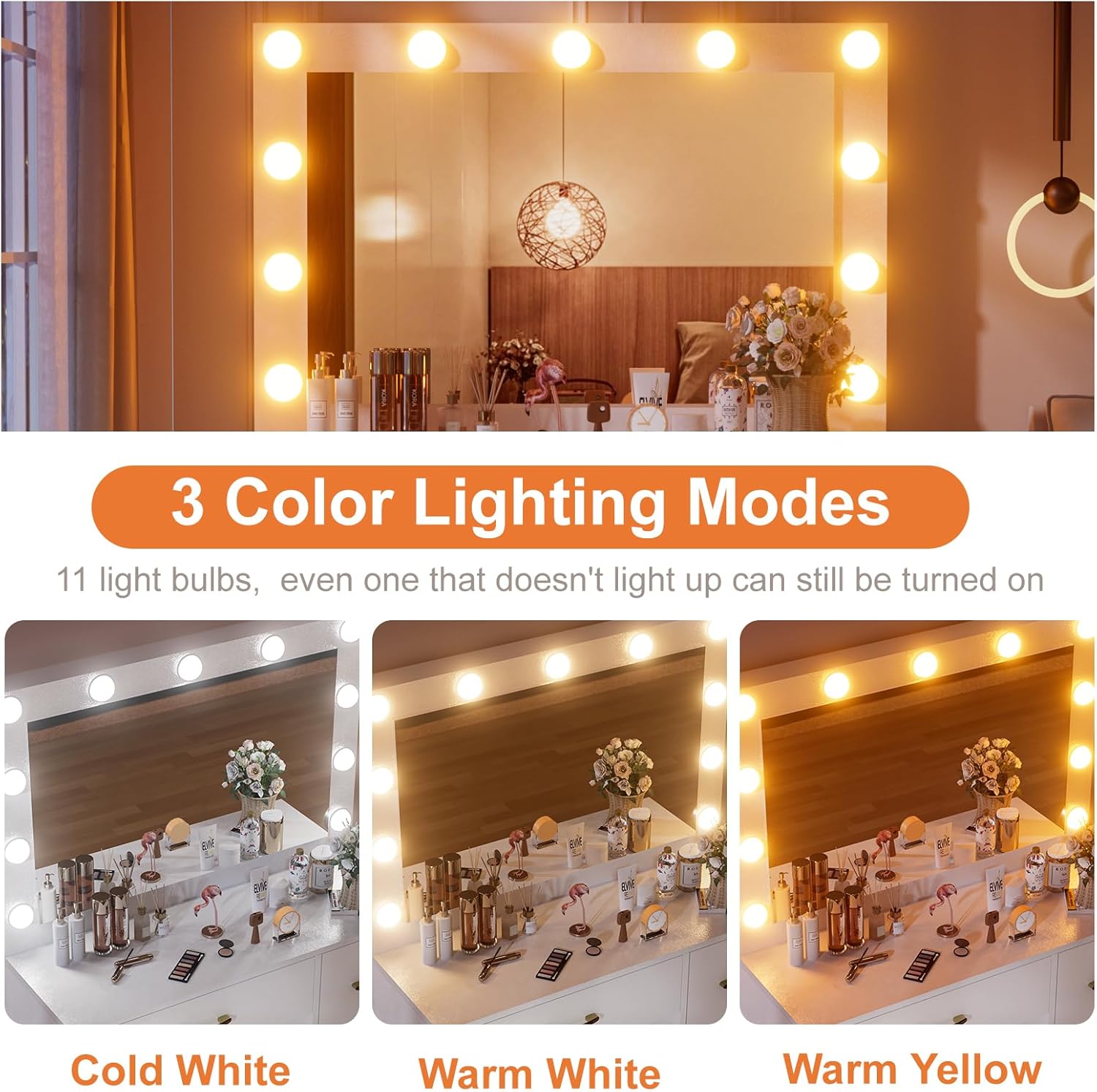 Makeup Vanity Desk with Mirror and Lights, Vanity Table with 4 Drawers,11 Lights 3 Color Modes & Adjustable Brightness,Vanity Mirror with Lights Desk and Storage Stool,Dressing Table for Bedroom White