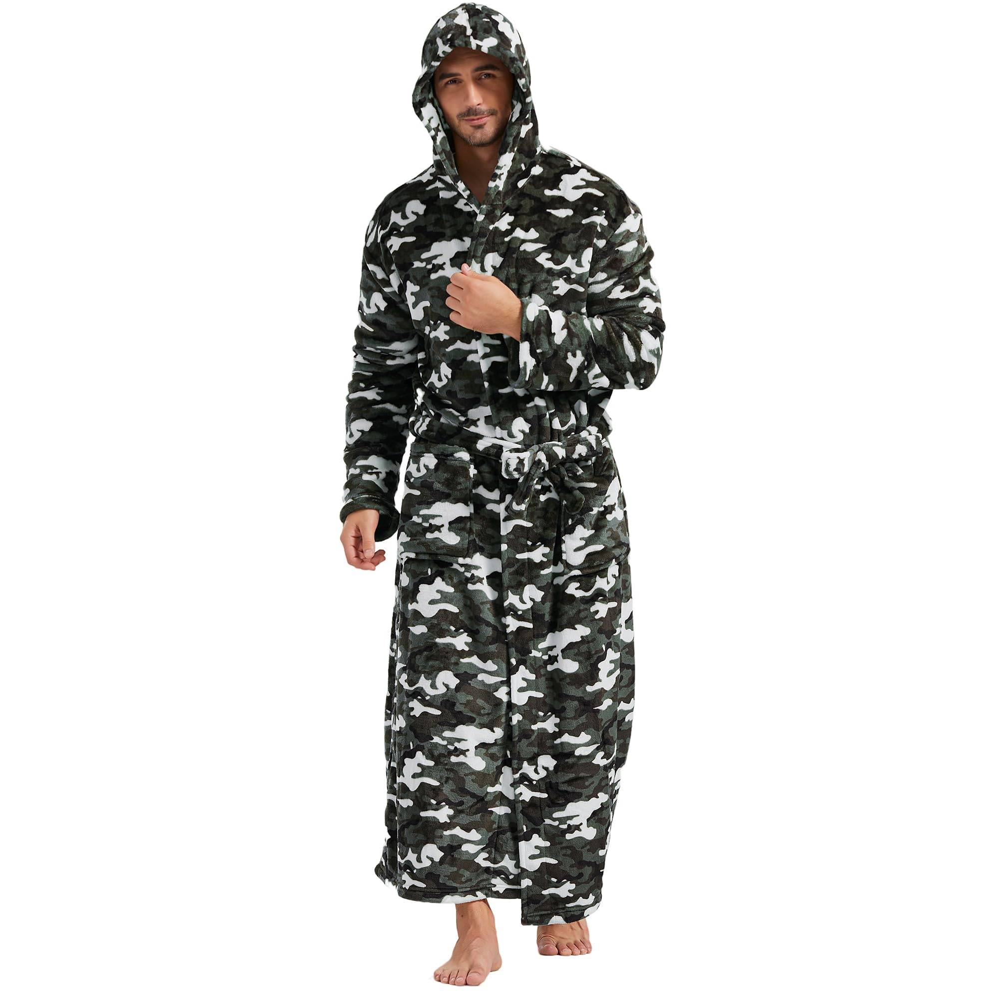 FashGudim Mens Robes Big and Tall with Hood Two-Tone Flannel Fleece Contrast Bathrobe Full Length Plush Long Robe House Coat
