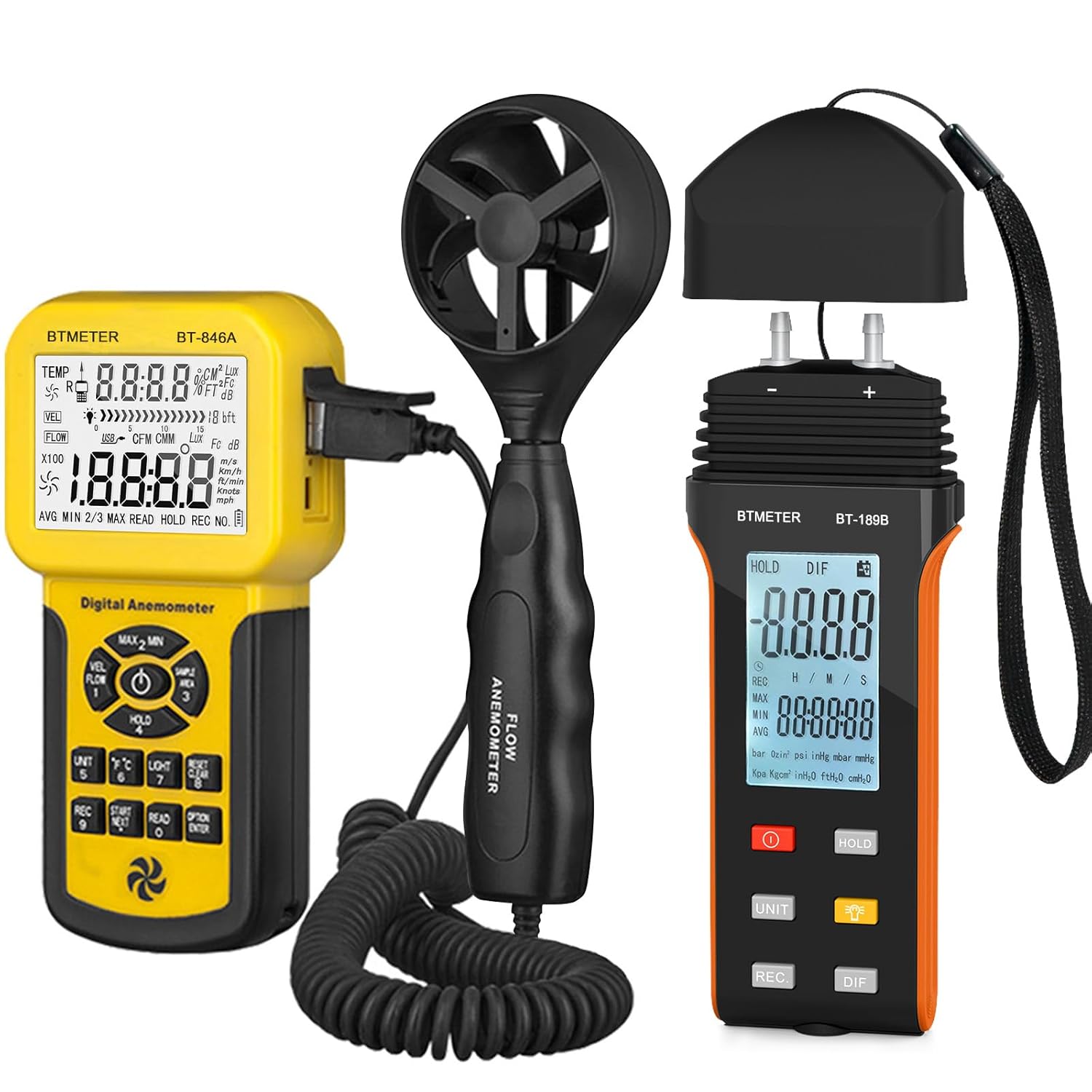 BTMETER BT-846A CFM Anemometer & BT-189B Dual-Port Manometer Kit – Air Flow Meter and Gas Pressure Tester Differential Pressure Gauge for HVAC System Inspection & Air Balancing
