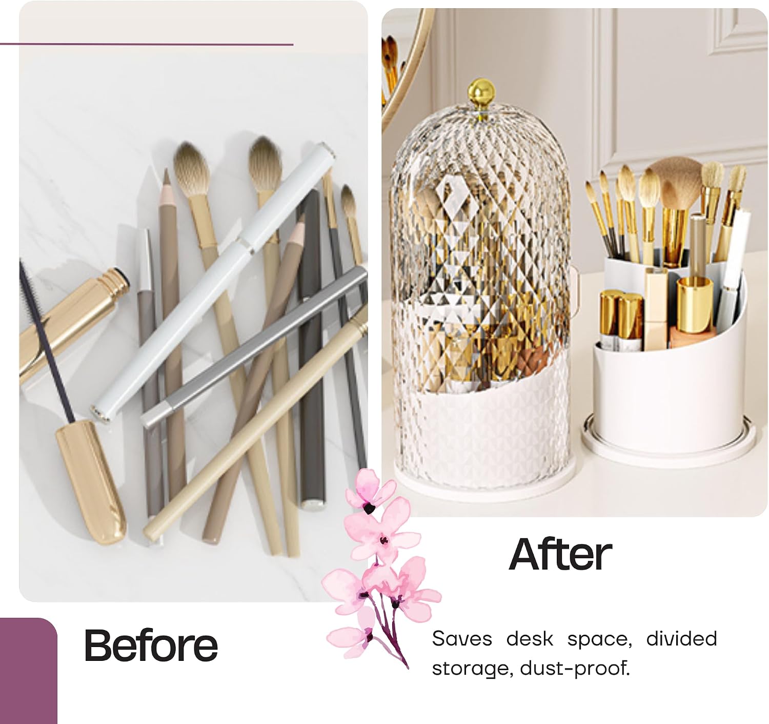 LEFEEL Lumière Mini 360 Rotating Makeup Organizer with Lid, Diamond Cut Cosmetic Organizer - Dustproof Vanity Organizer for Makeup Brushes, Toothbrush & Bathroom Countertop （Black