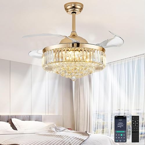Miniatura 10 de Ventiladores de techo de 42 pulgadas con luz, ventilador de techo de araña, ventilador de techo retráctil de cristal para dormitorio, sala de estar,