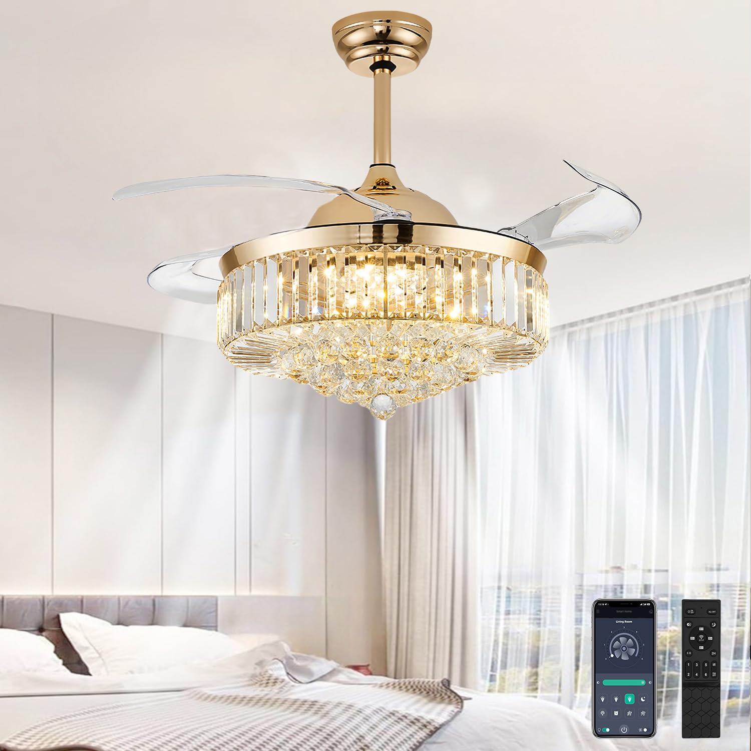 48 inch fandelier ceiling fans with light, chandelier ceiling fan, retractable crystal ceiling fan for bedroom, living room, 3 color change, led dimmable, 6 speeds, reversible dc motor-gold