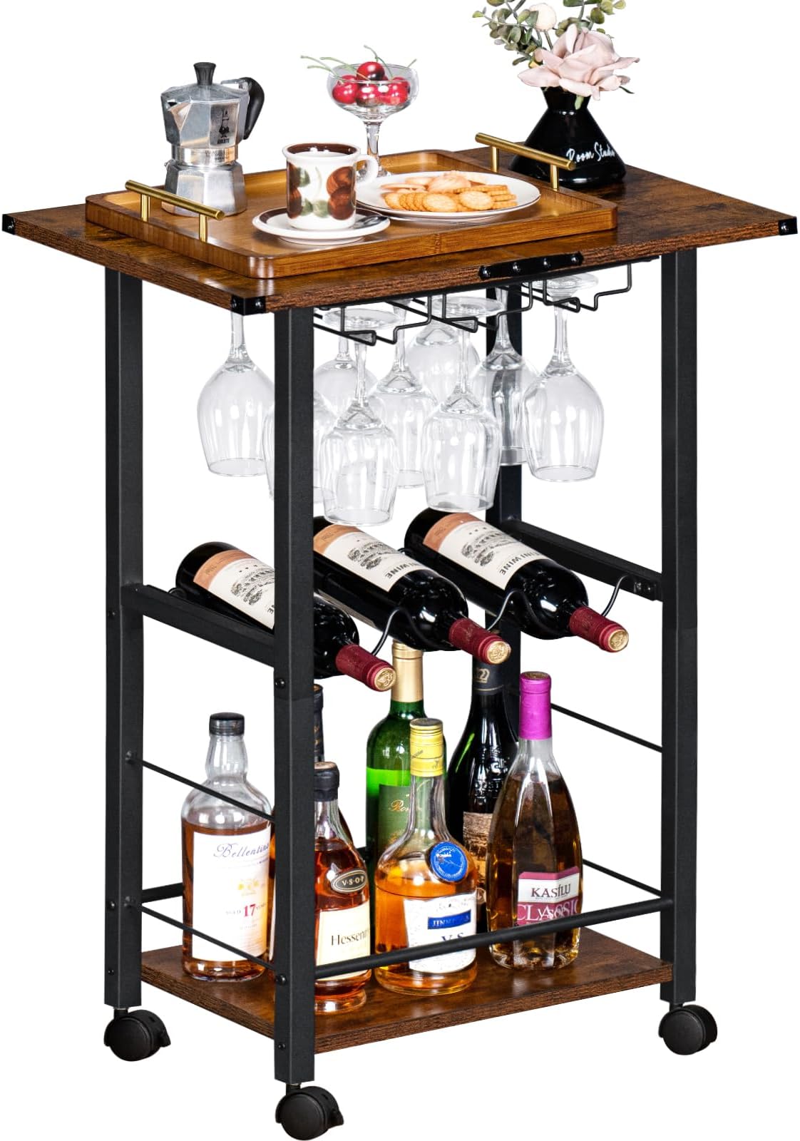 Bar Carts for The Home, 3-Tier Bar Cart with Wheels, Wine Cart, Drink Cart, Rolling Beverage Cart with Wine Rack and Glass Holders, Serving Cart for Kitchen, Living Room, Dining Room, Brown
