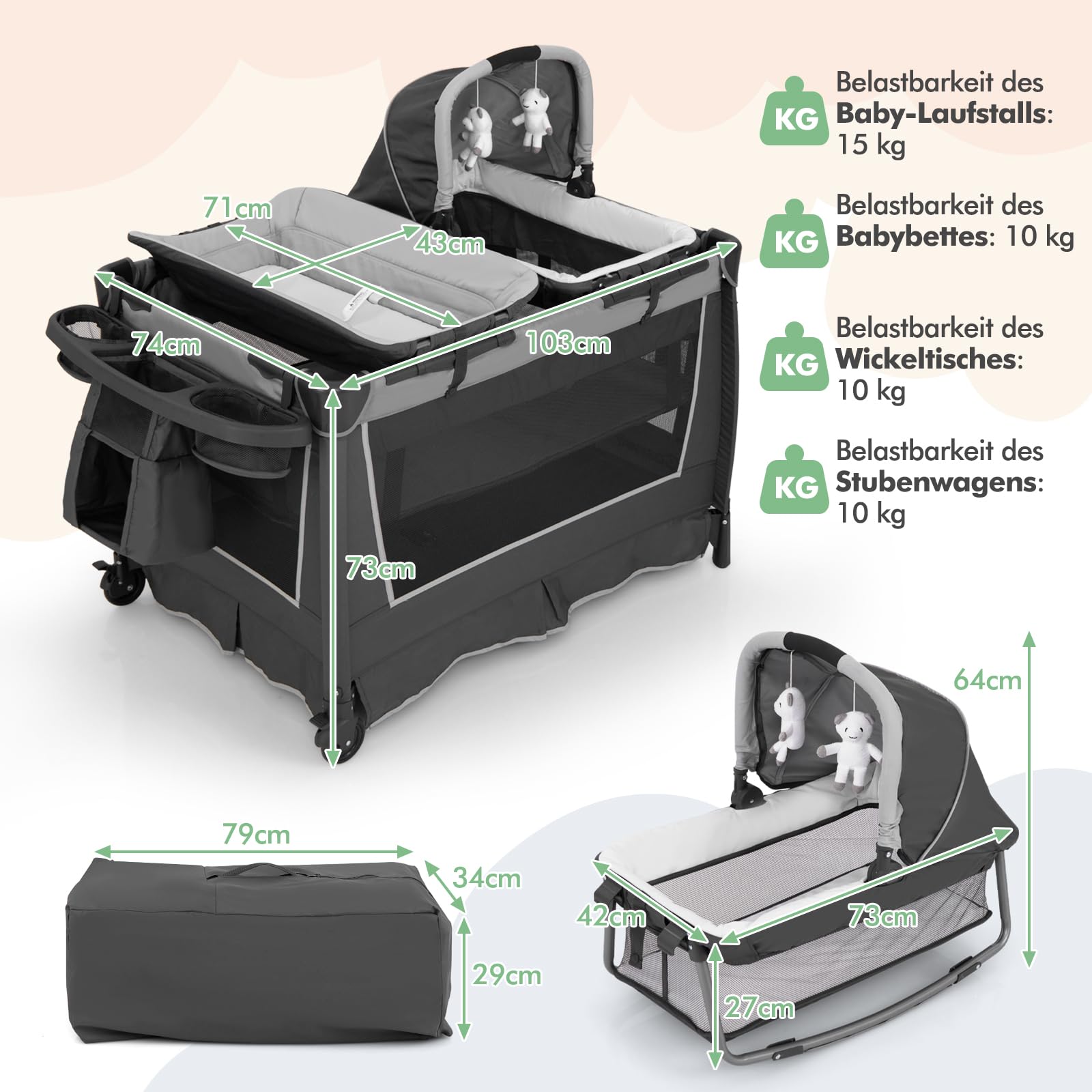 DREAMADE 5 in 1 Babybett, Reisebett Baby mit Matratze, verstellbarem Baldachin, Wickeltisch & Laufstall, Platzsparendes Beistellbett mit Tragetasche für Baby 0-36 Monaten (Grau)