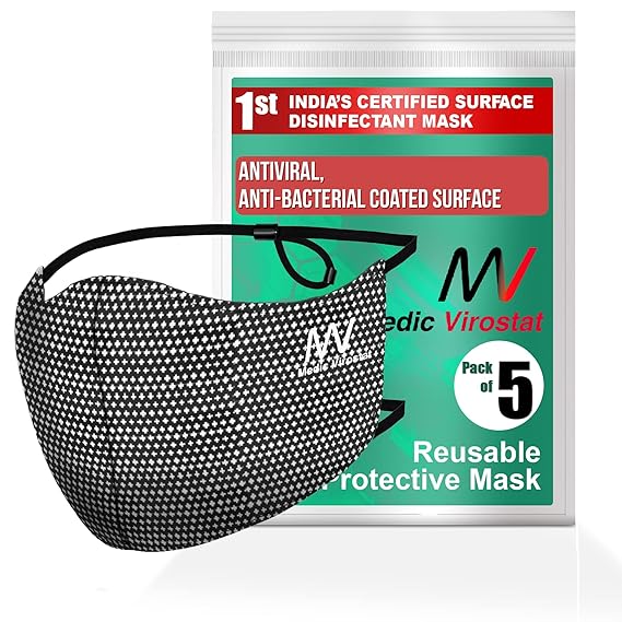 Virostat Face Mask Reusable Washable, Multi- Layer Antiviral Protection, Adjustable Nose Pin, Overhead Loop, HeiQ Viroblock, Dust Protection - Made in India