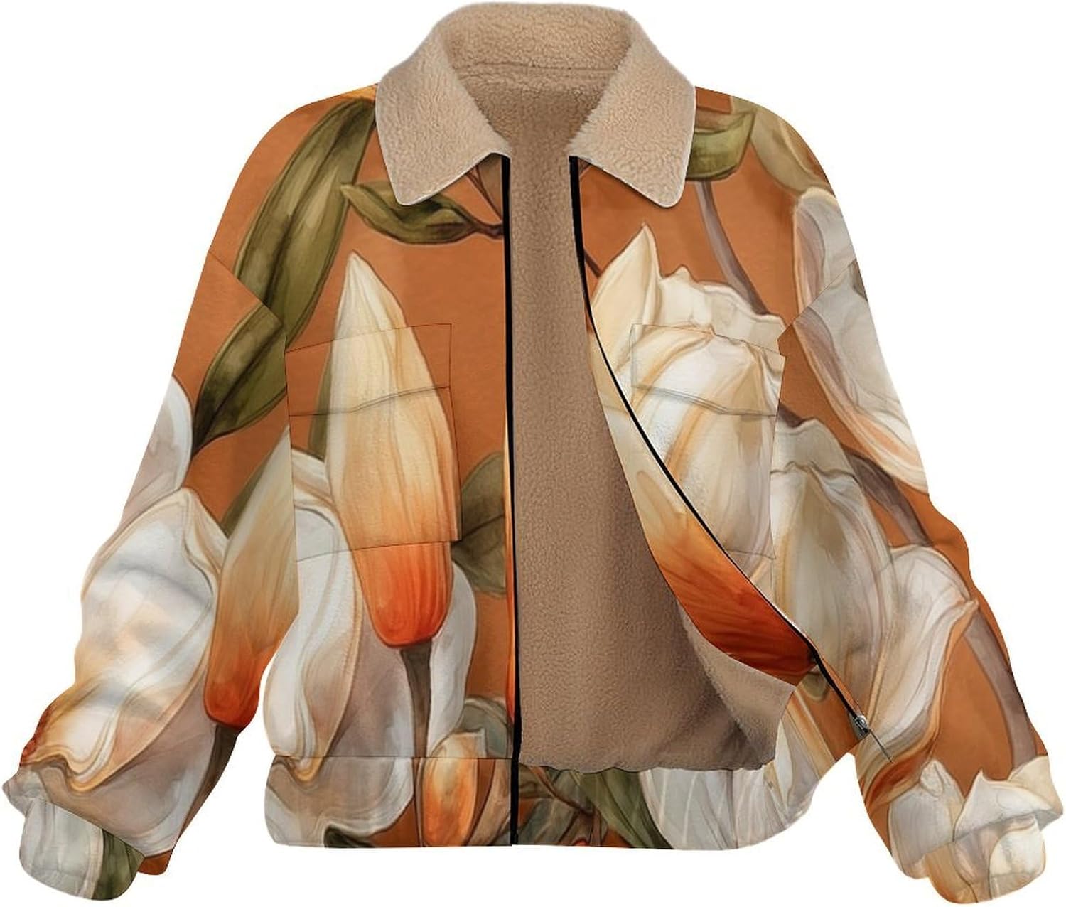 Women's Full Zip Soft Polar Fleece Jacket, Magnolia Printed Outdoor Recreation Coat, Long Sleeve Outerwear