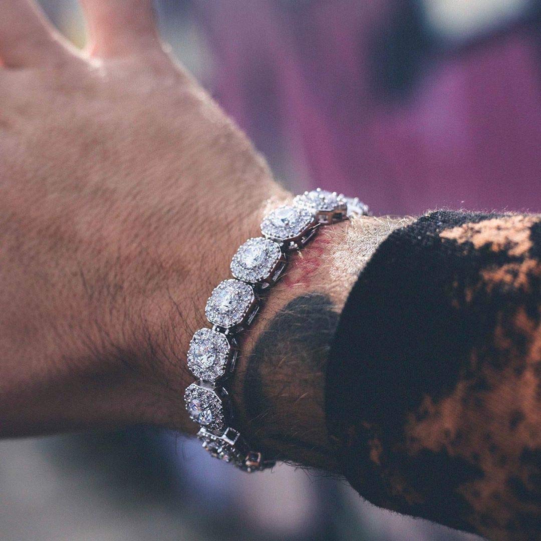 JINAO Silver Tennis Bracelet for Men Women 1 Row 10MM 14k Gold Plated Iced Out Round Cubic Zirconia Cluster Square Halo Wrist Chain Jumbo Bracelet (Silver, 7.0) - Image 4