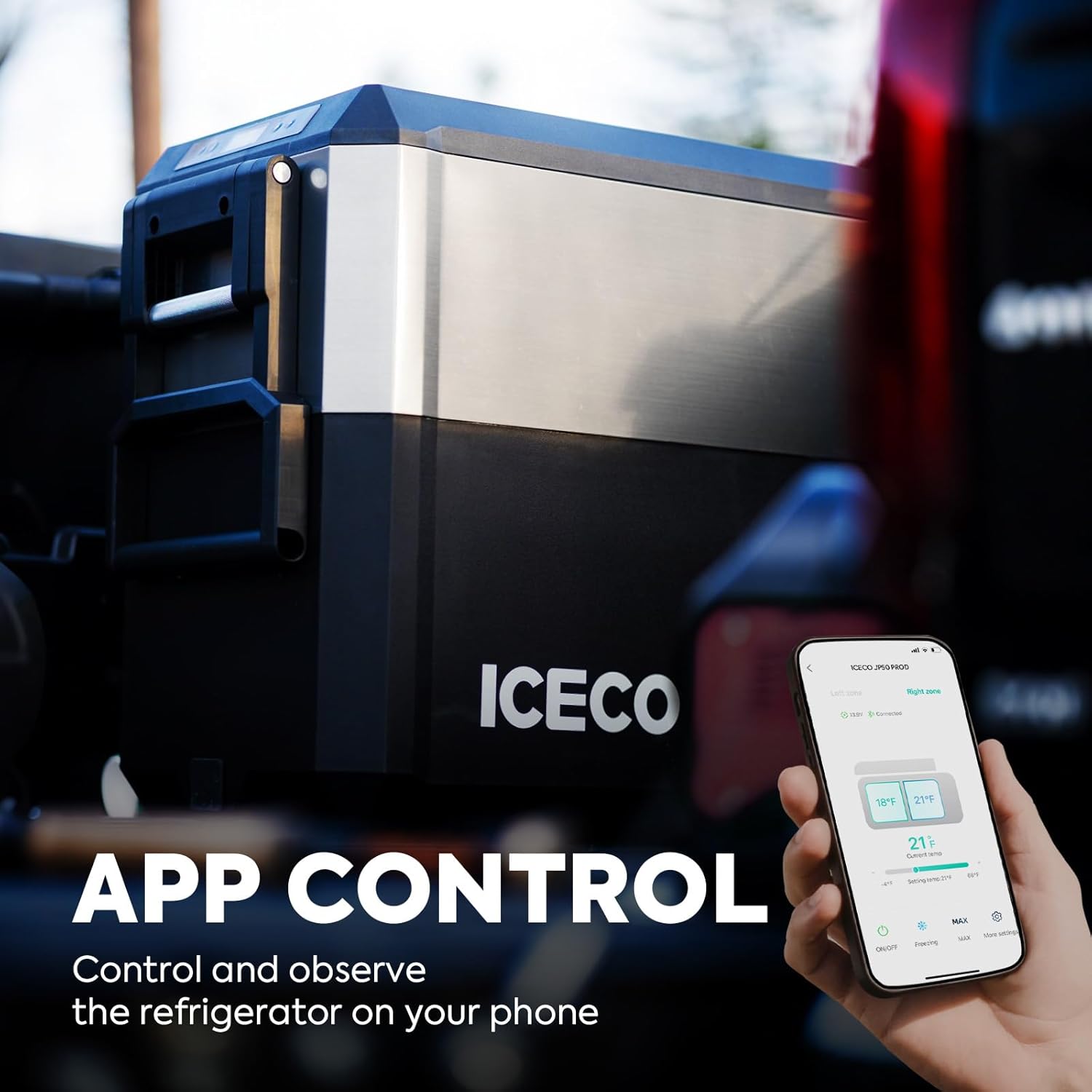 ICECO JP50 ProD Dual Zone Fridge Freezer, 51 Qt Portable Refrigerator Powered by SECOP, 12V Car Fridge with AC/DC, -4℉～68℉, Wheeled Electric Cooler for Camping, Travel, and Fishing