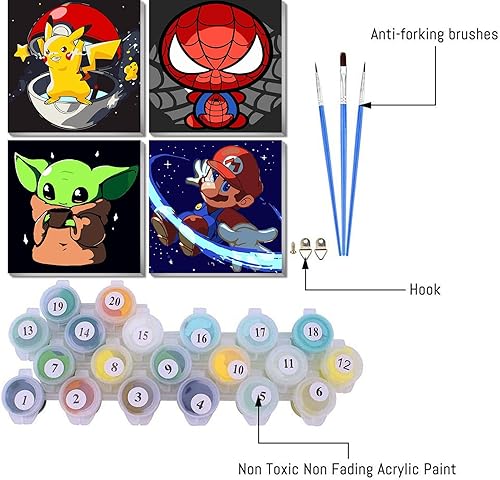 Miniatura 3 de Paquete de 4 pinturas por números para niños de 8 a 12 años con marco, kits de pintura de dibujos animados por números en lienzo para adultos