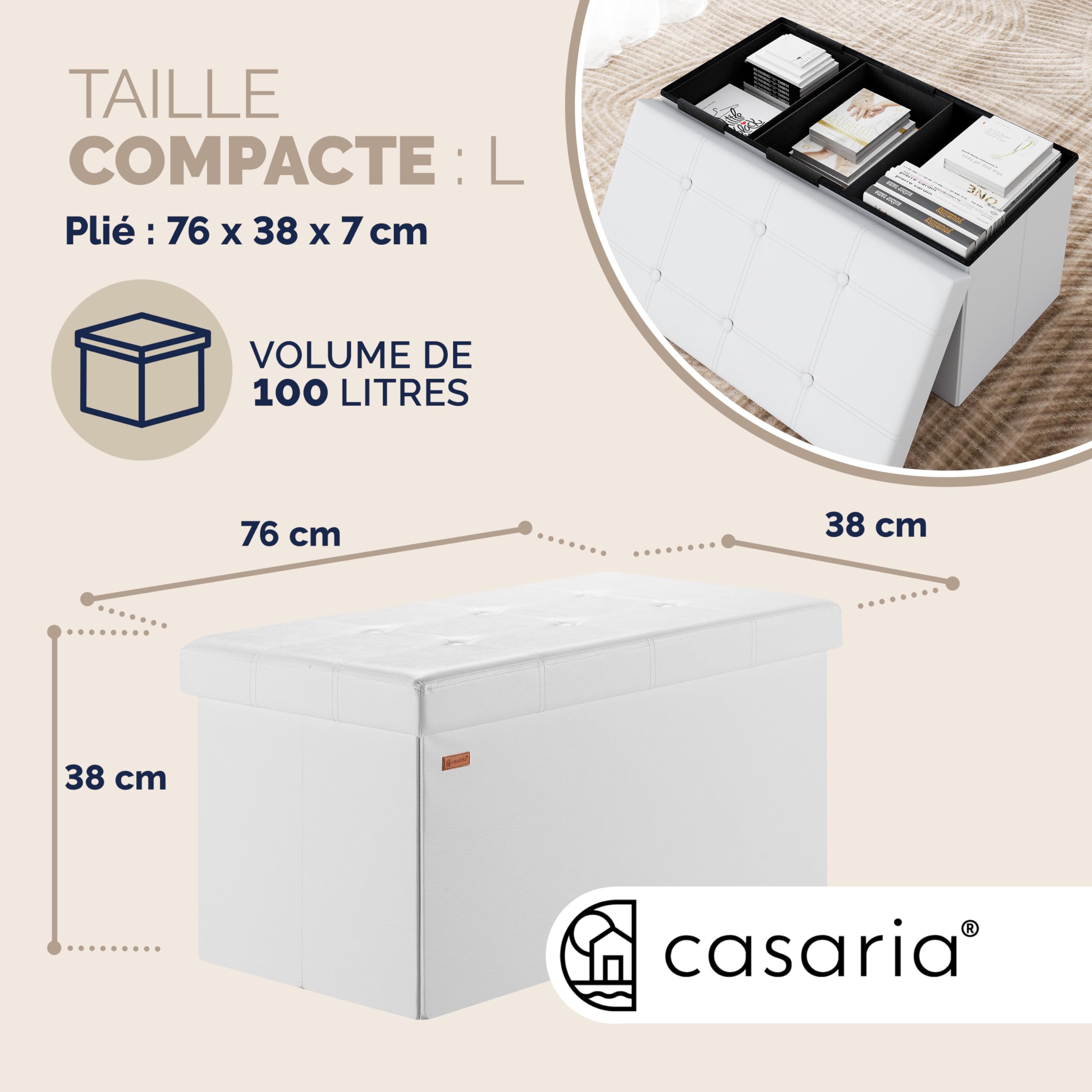 Casaria® Banc de Rangement Blanc 80 x 40 x 40 cm Siège Coffre de Rangement Pliable 100L pour Salon Chambre Couloir