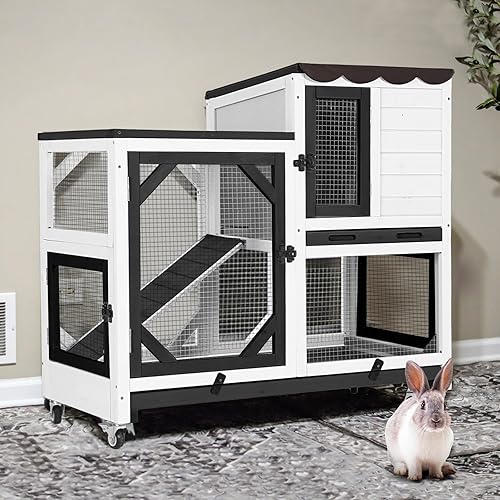 Gutinneen 2-Story Rabbit Hutch Bunny cage with Chew-Proof Ramp, Locking Leak-Proof Trays - Indoor/Outdoor 39.3" Wooden Rabbit Cage with Wheels for Rabbits, Guinea Pigs, Small Animal (Black and White)